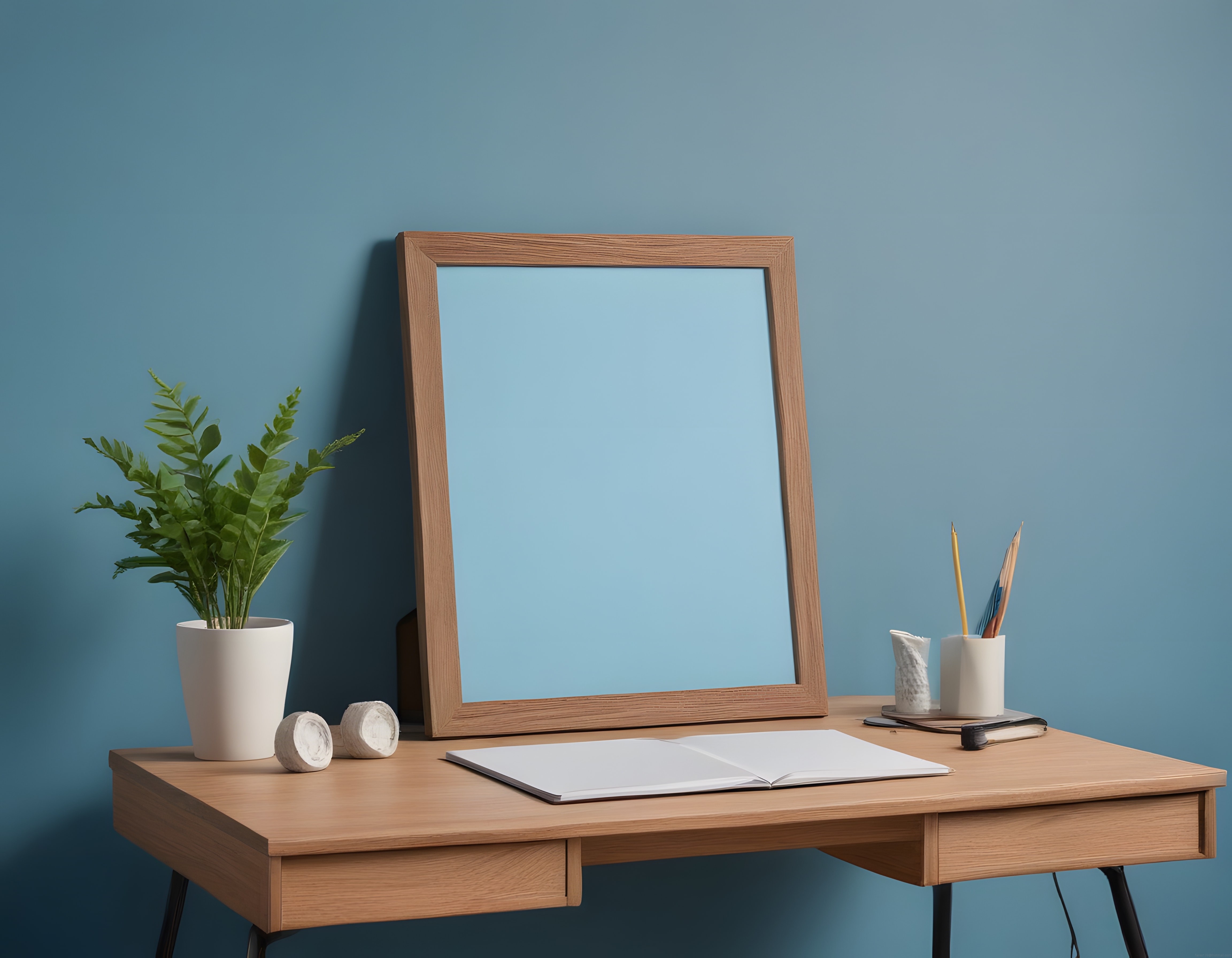 modern ev ofisi dekorasyonu ahşap çerçeve mavi duvar minimalist çalışma alanı
