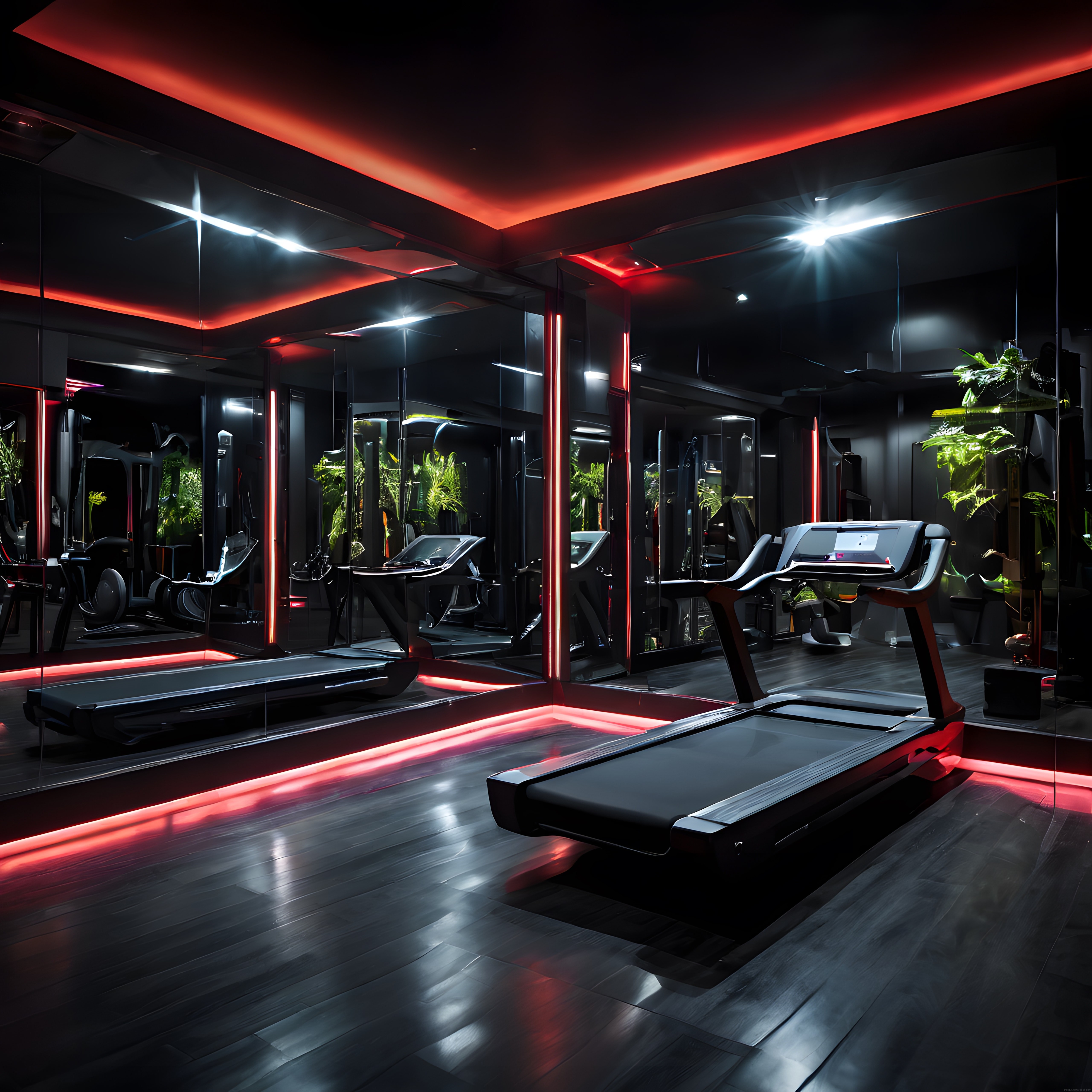 Modern fitness salonu kırmızı neon ışıklarla aydınlatılmış şık spor merkezi