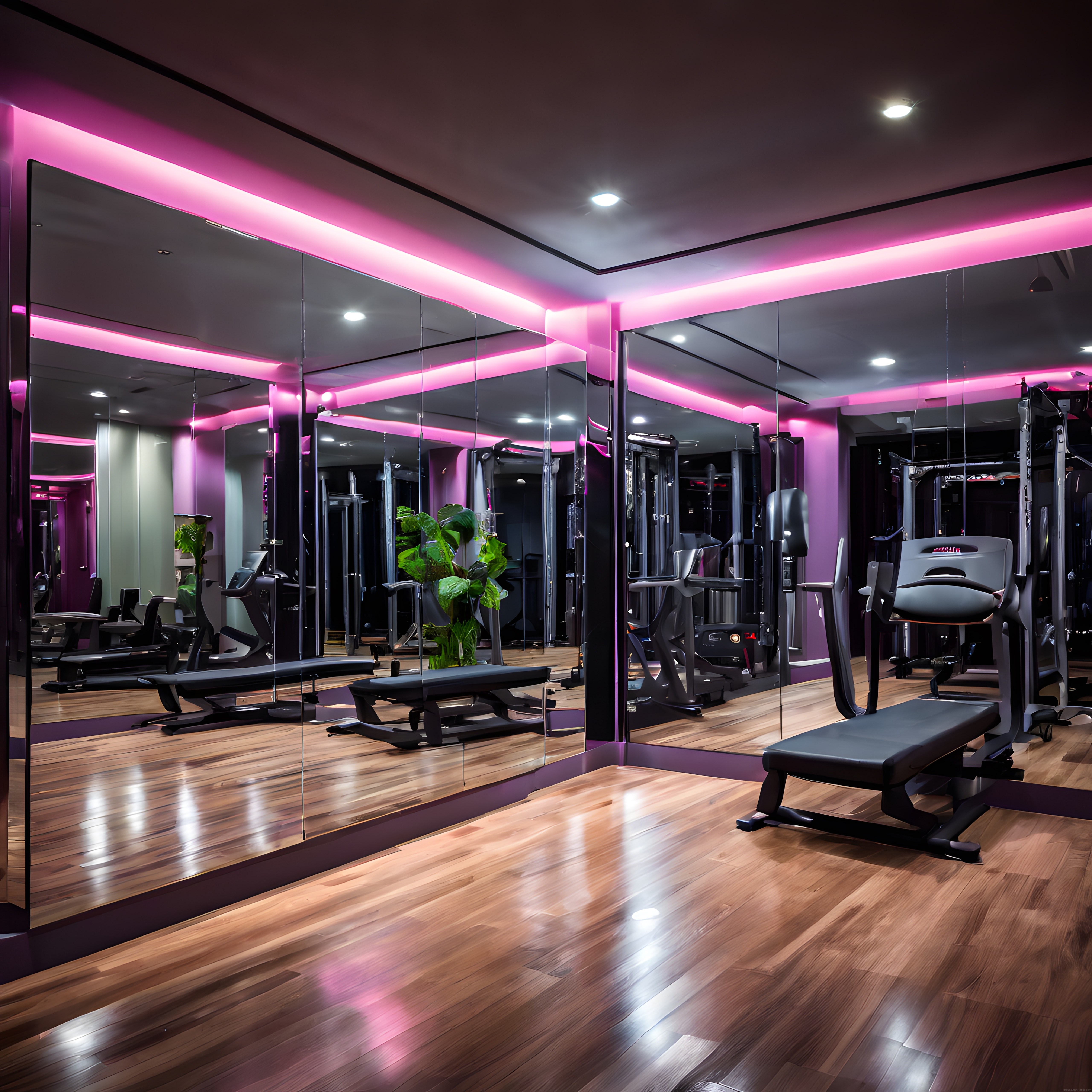 Modern Fitness Salonu: Mor LED Işıklar ve Profesyonel Spor Ekipmanları