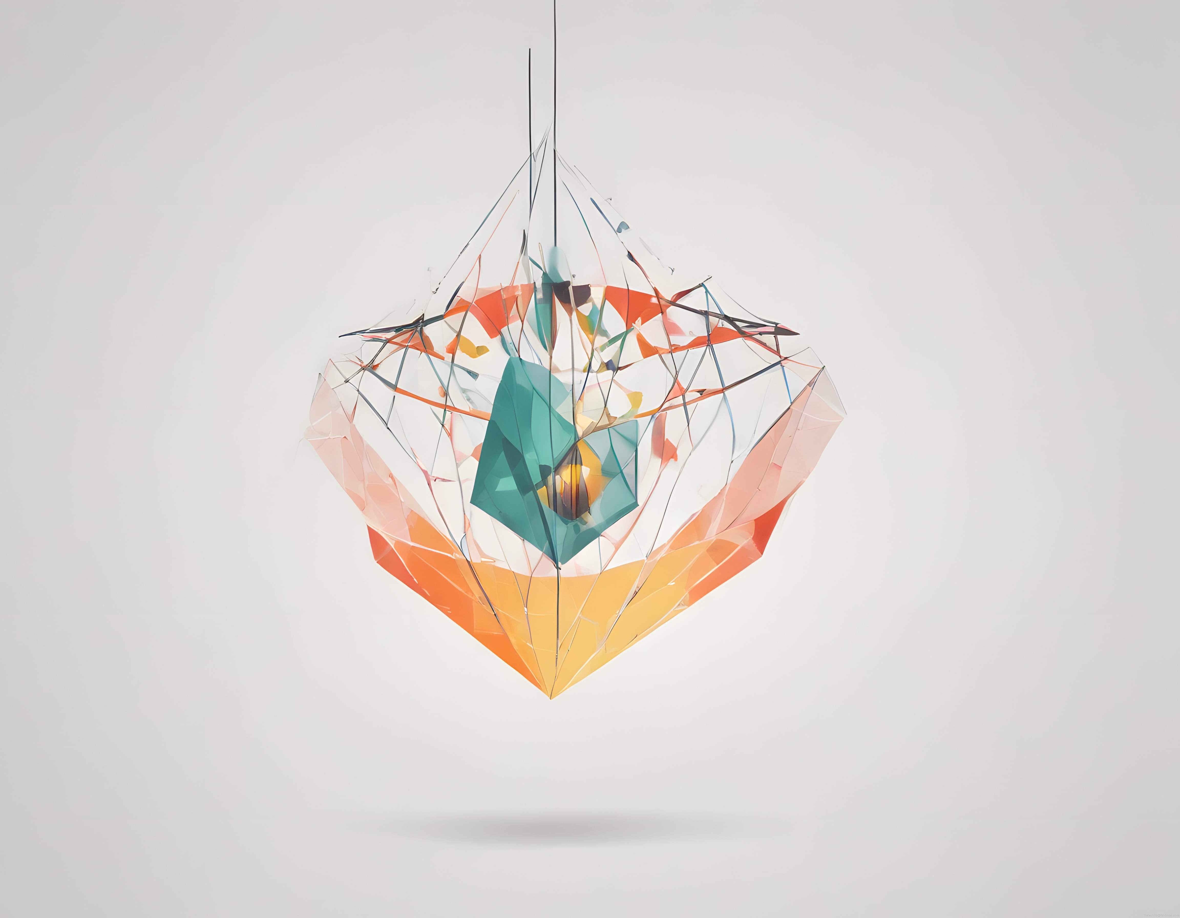Modern Galeride Asılı Geometrik Cam Heykel ve Soyut Işık Oyunları
