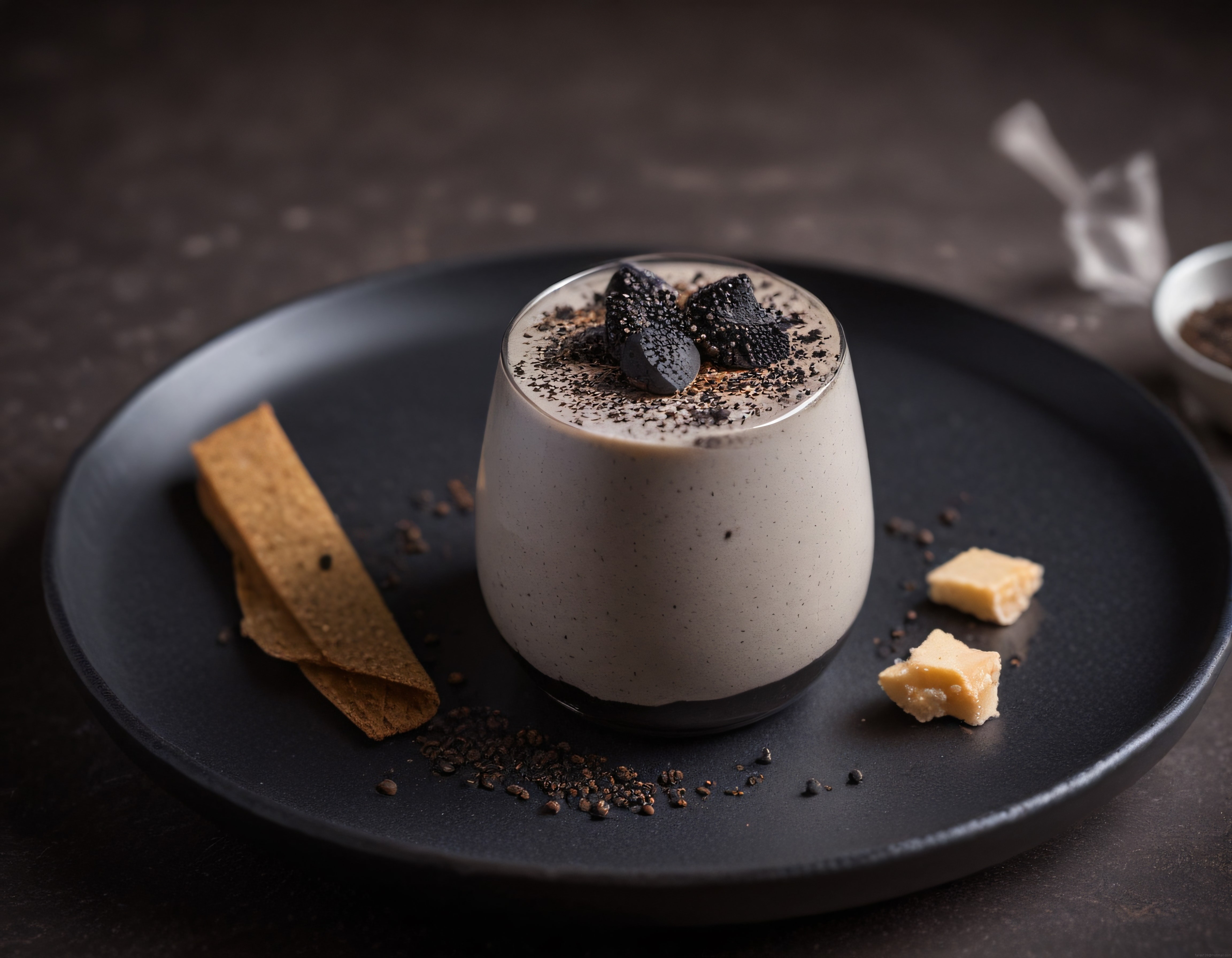 Modern gastronomik sunumda aktif kömürlü tatlı ve peynir eşleşmesi