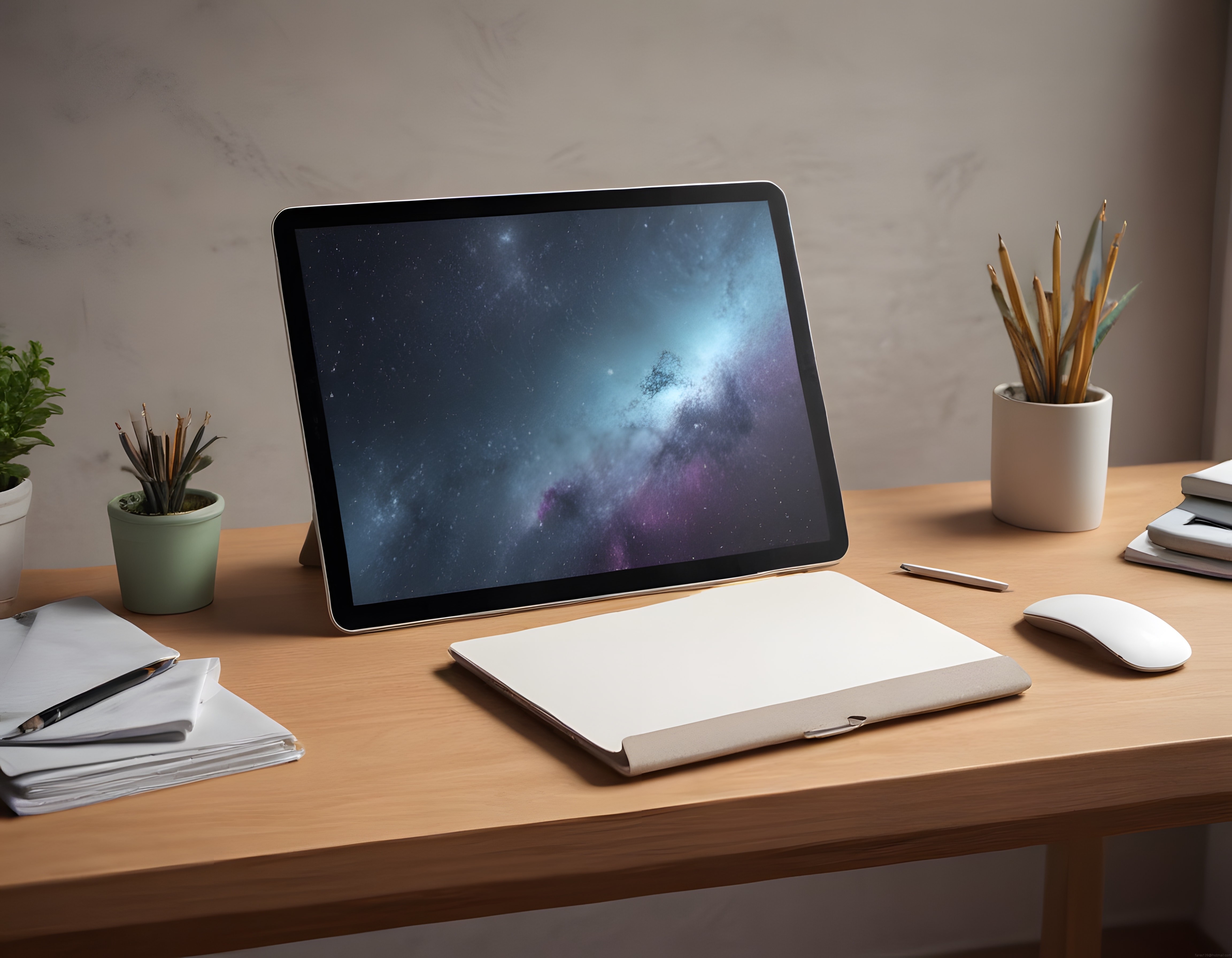 Modern Home Office: Ahşap Masada Tablet, Klavye ve Uzay Temalı Ekran