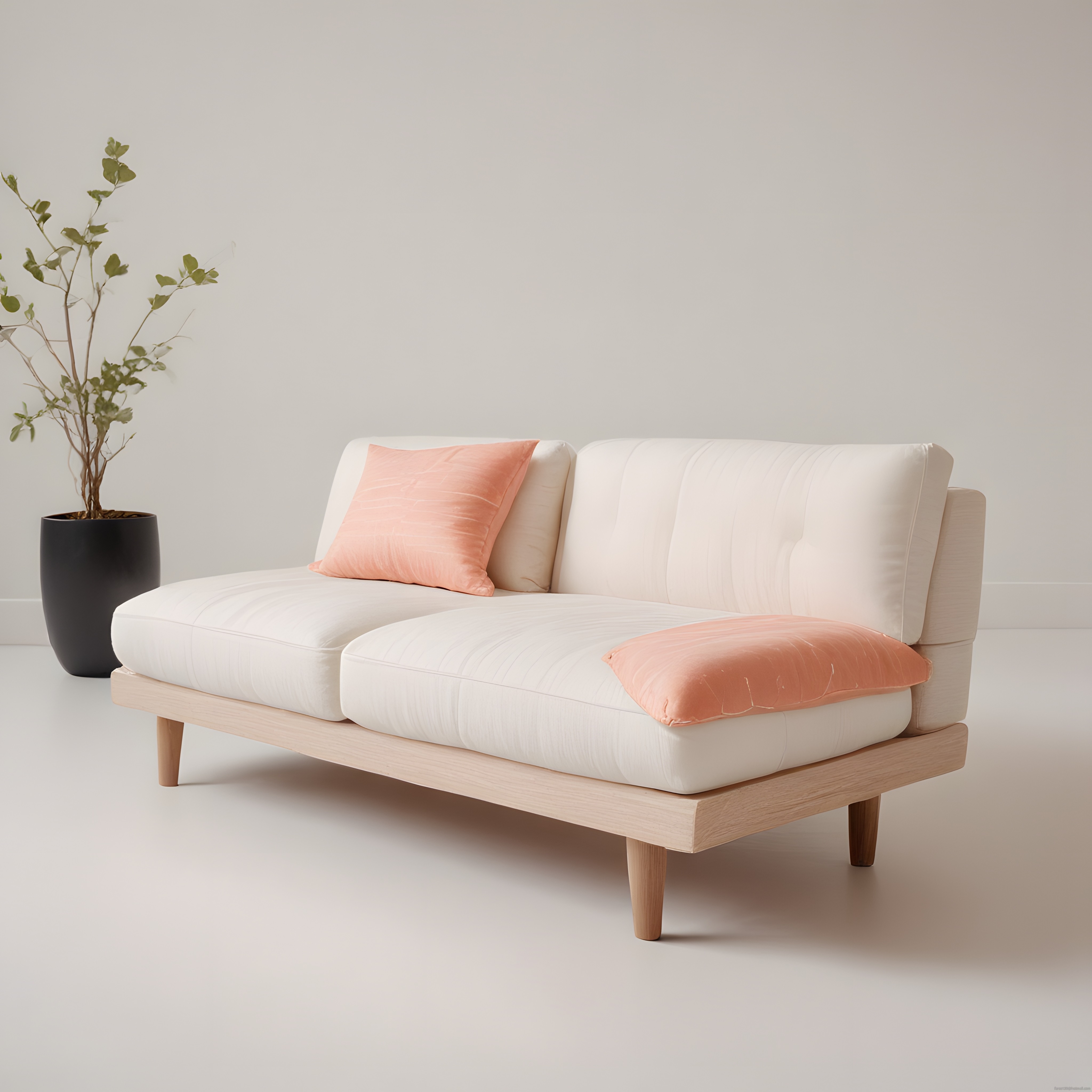 Modern iç mekan dekorasyonunda şeftali tonlarında yastıklı minimalist kanepe tasarımı