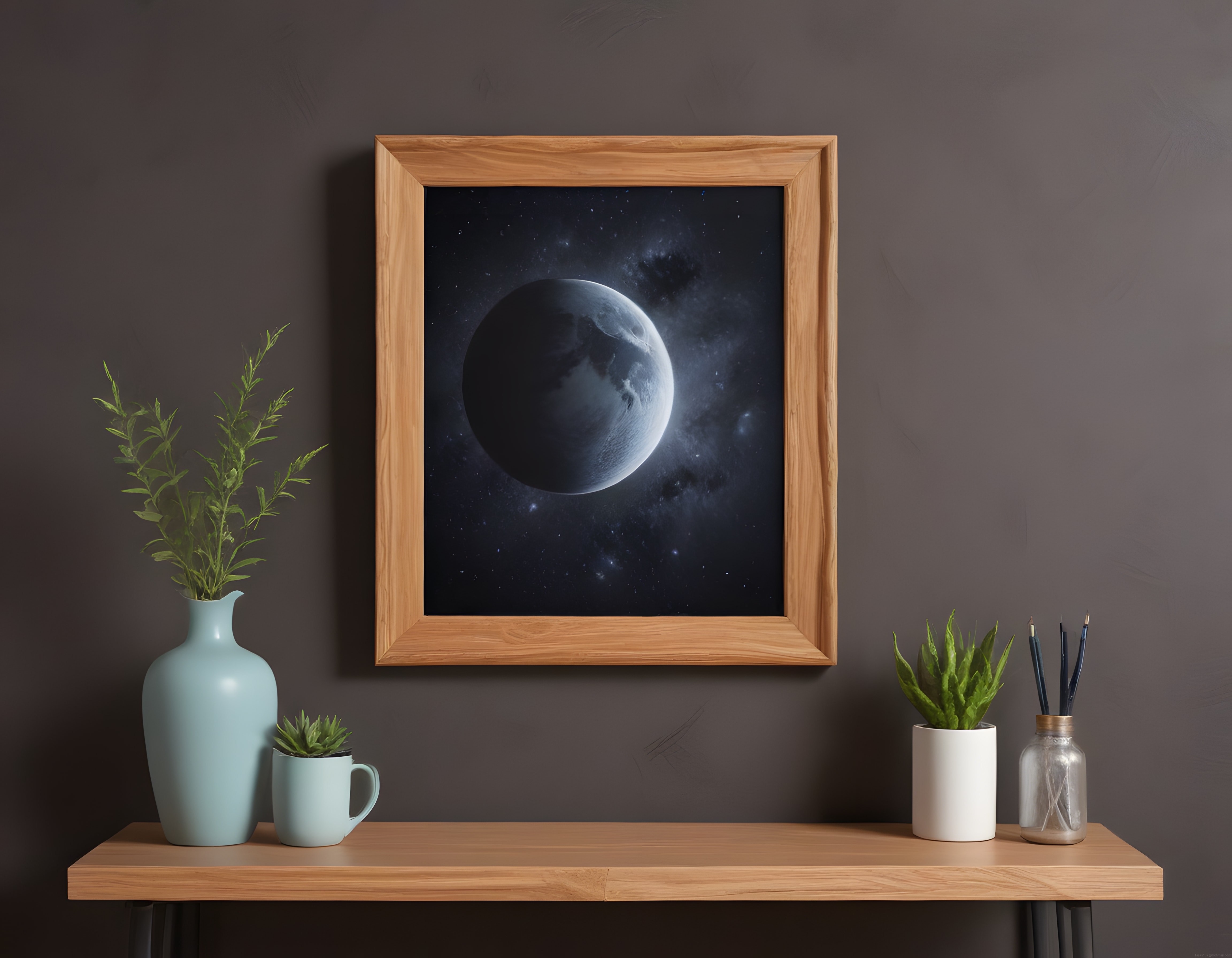 Modern İç Mekanda Ahşap Çerçeveli Uzay Tablosu ve Minimalist Bitki Dekoru