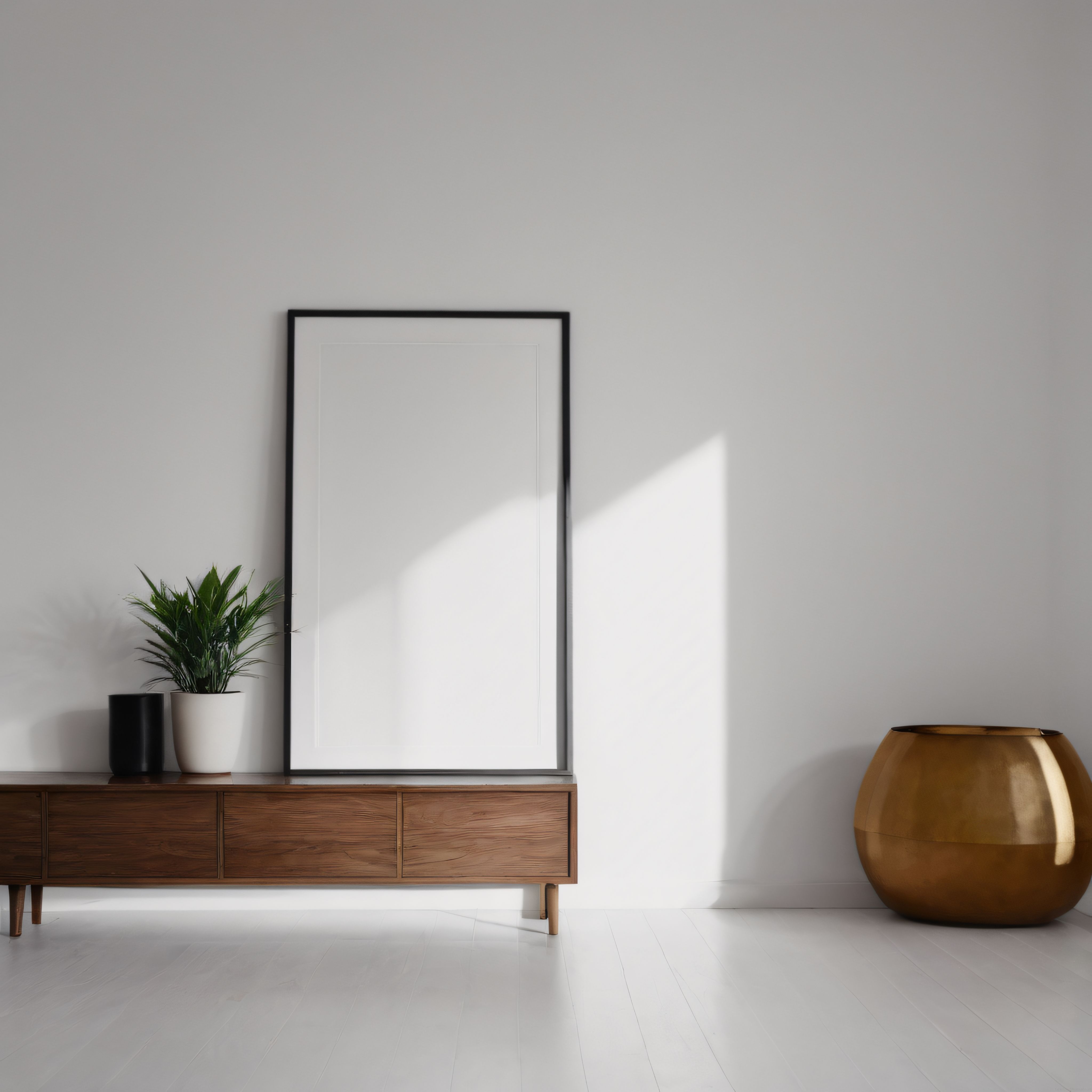 Modern İç Mekanda Ahşap Konsol Üzerinde Boş Çerçeveli Minimalist Dekorasyon