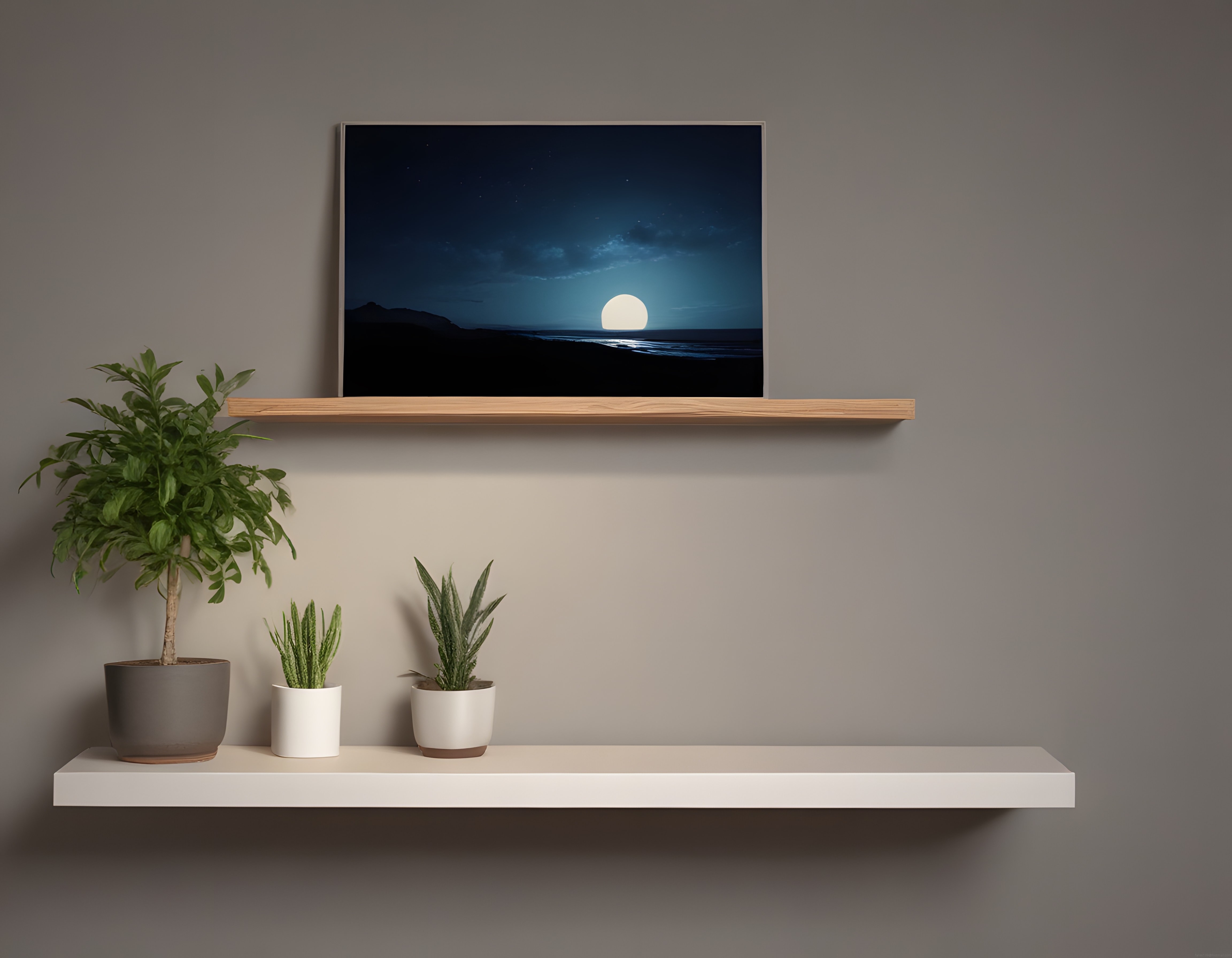 Modern iç mekanda gece deniz manzaralı çerçeve ve dekoratif bitkiler