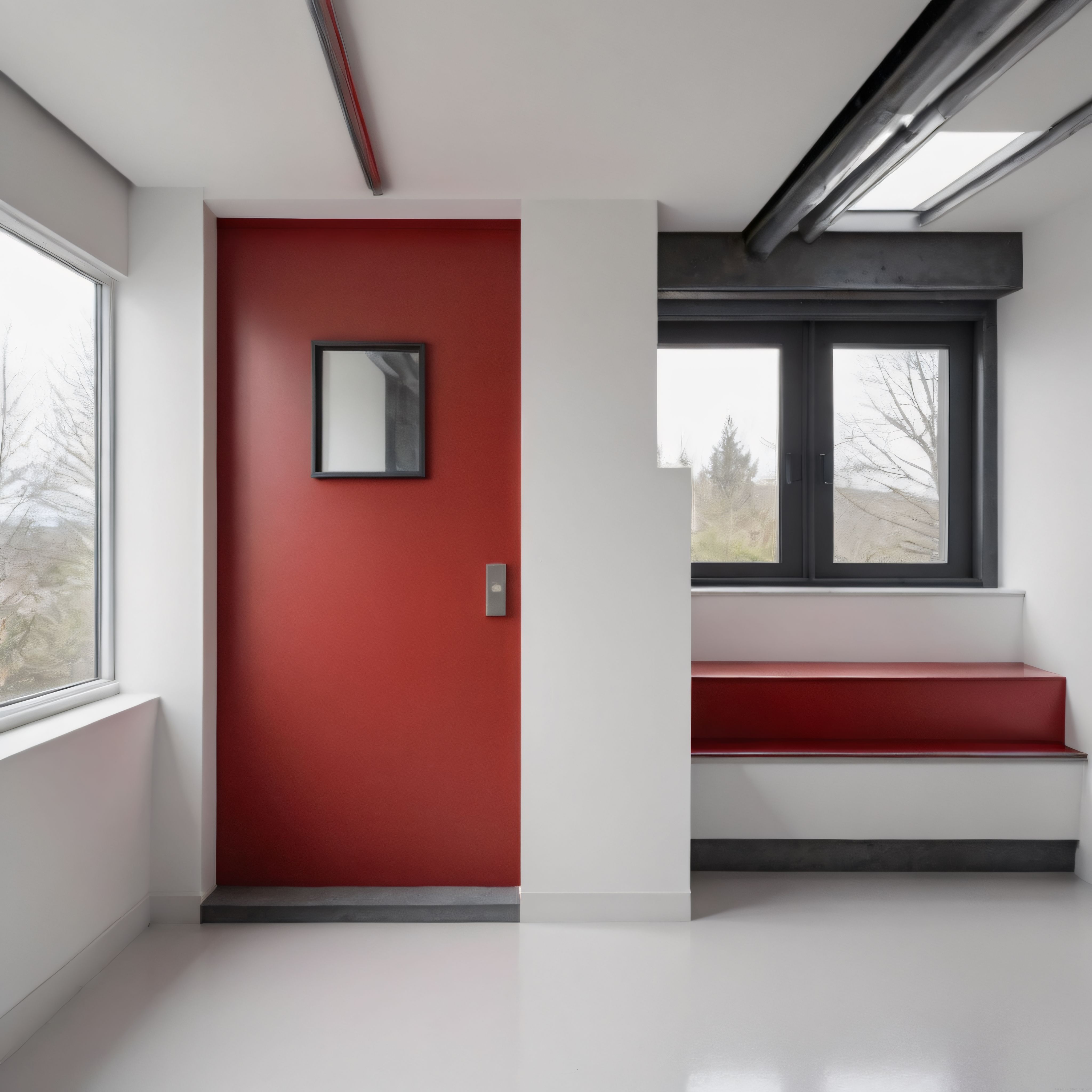 Modern İç Mekanda Kırmızı Detaylar ve Minimalist Endüstriyel Mimari