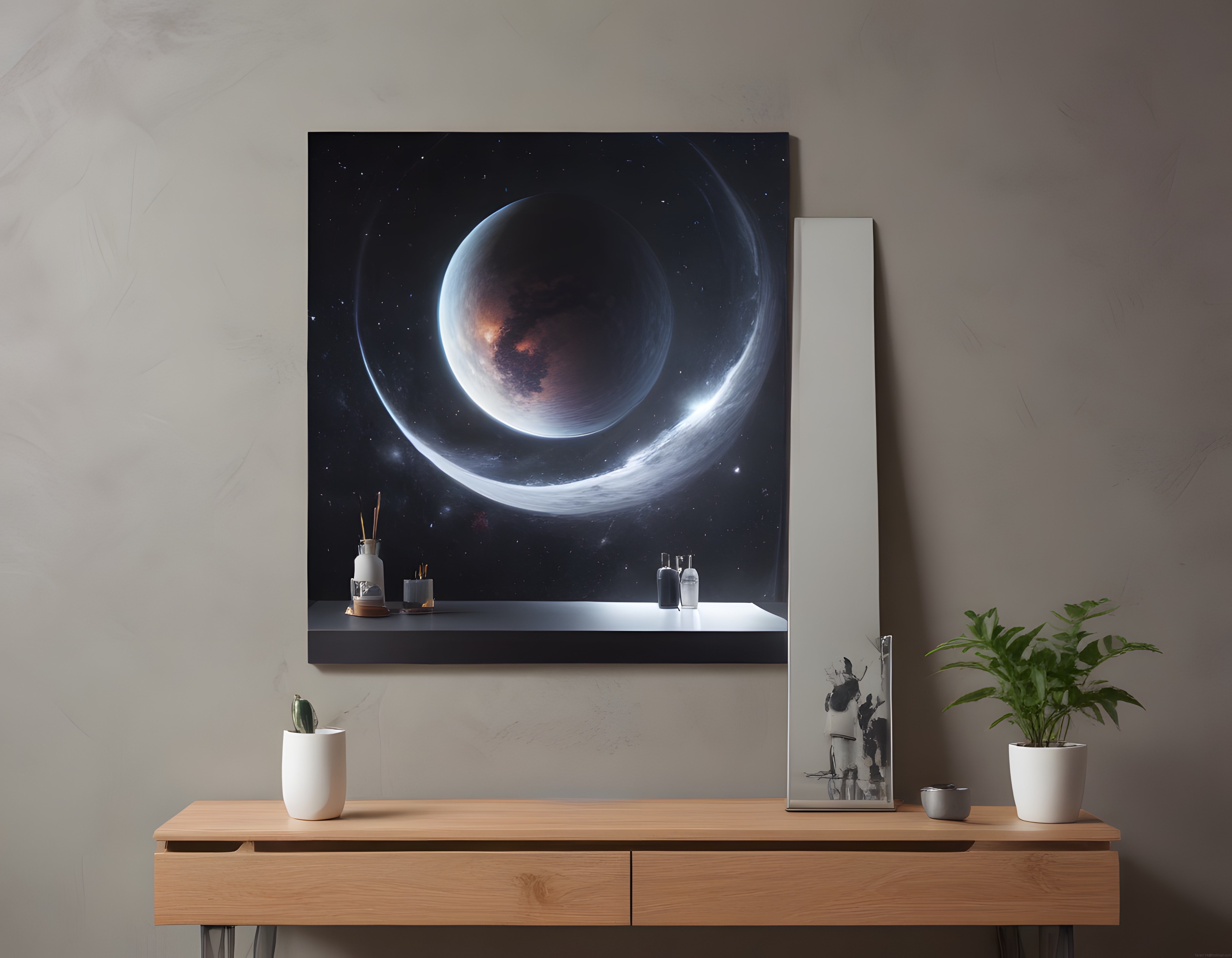 Modern İç Mekanda Uzay Temalı Kanvas Tablo ve Minimalist Dekor