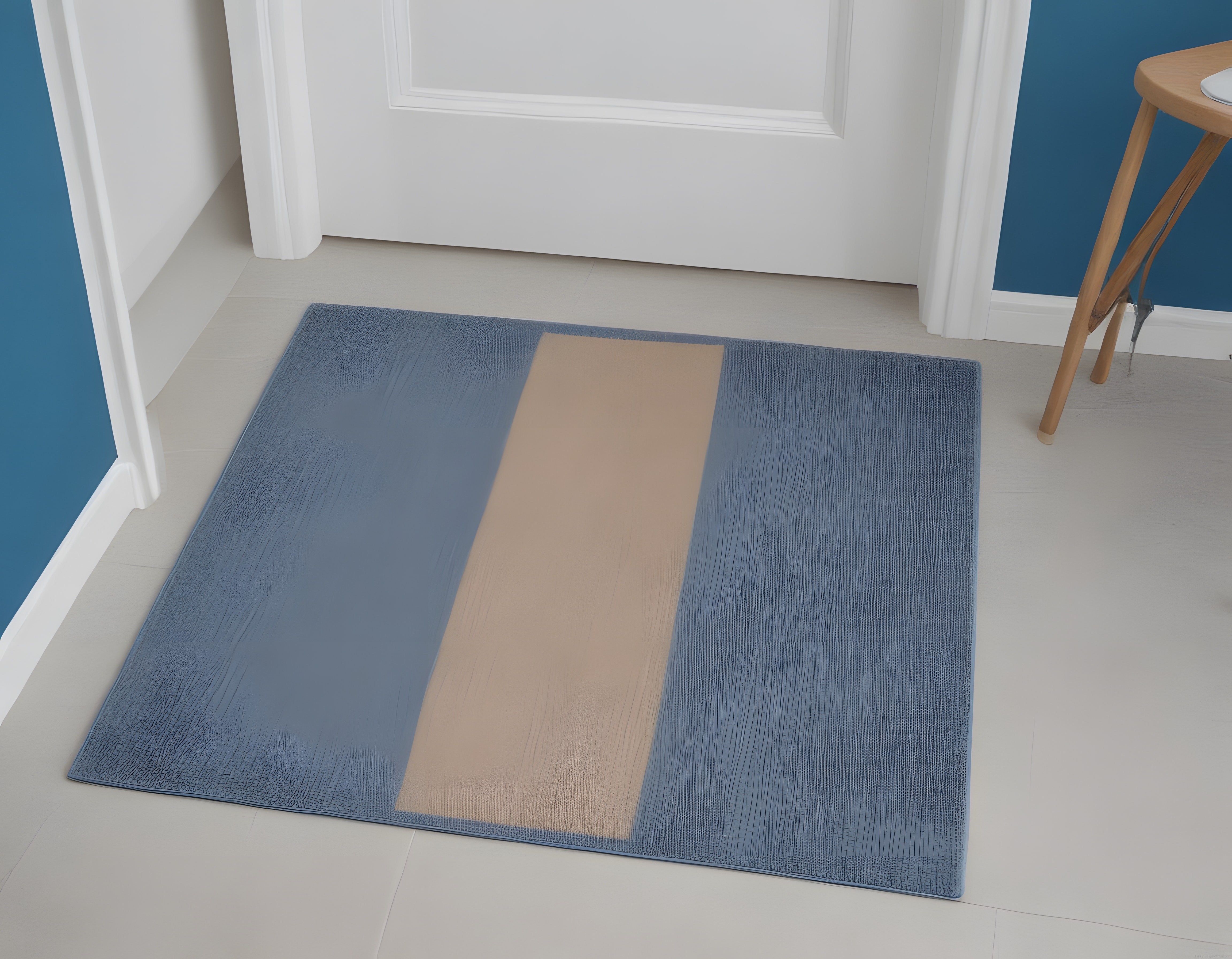 Modern Kapı Önü Paspası: Mavi ve Bej Tonlarında Minimalist Ev Dekorasyonu