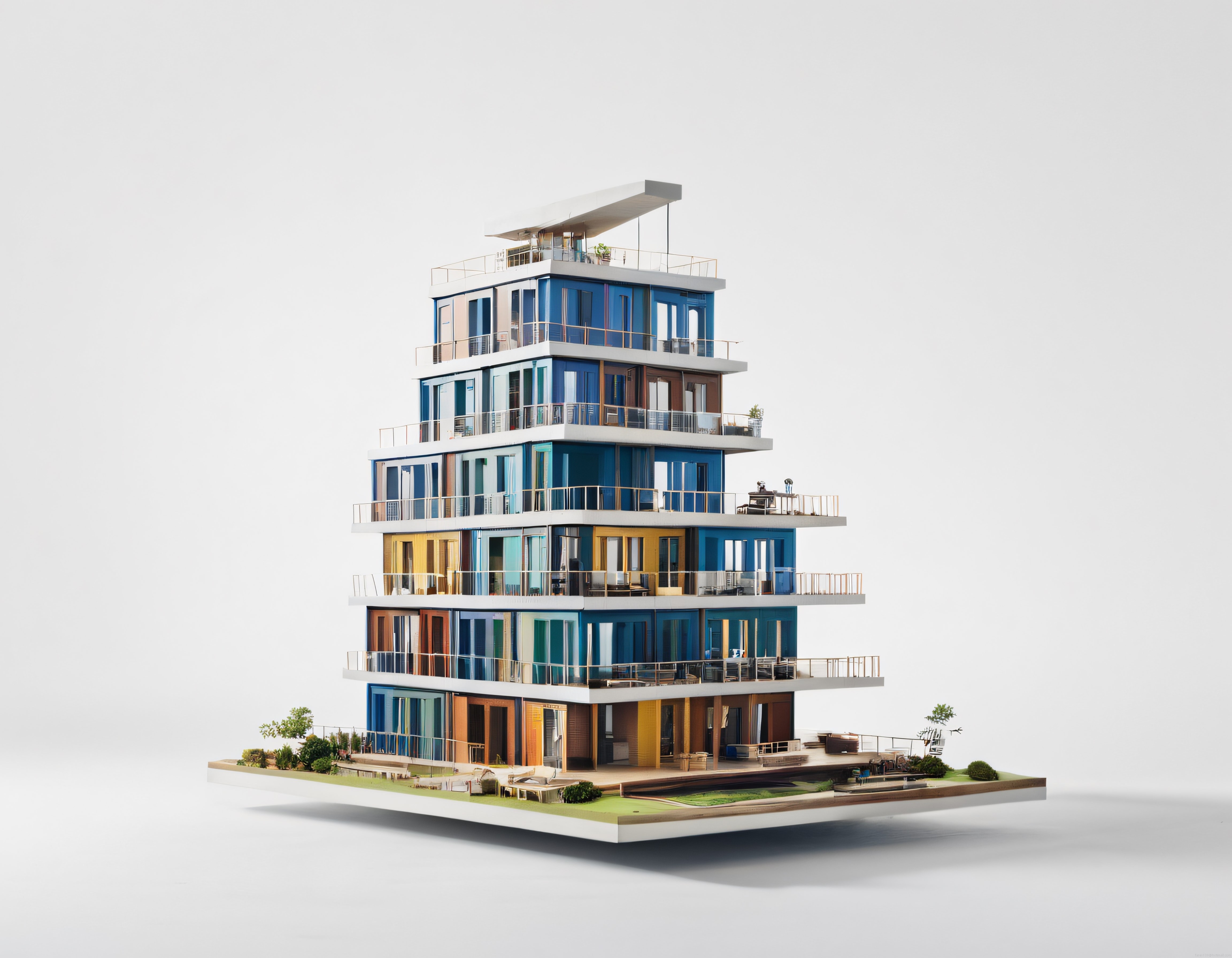 Modern Katlı Apartman Maketi: Renkli Cepheli ve Peyzajlı Mimarlık Sunumu