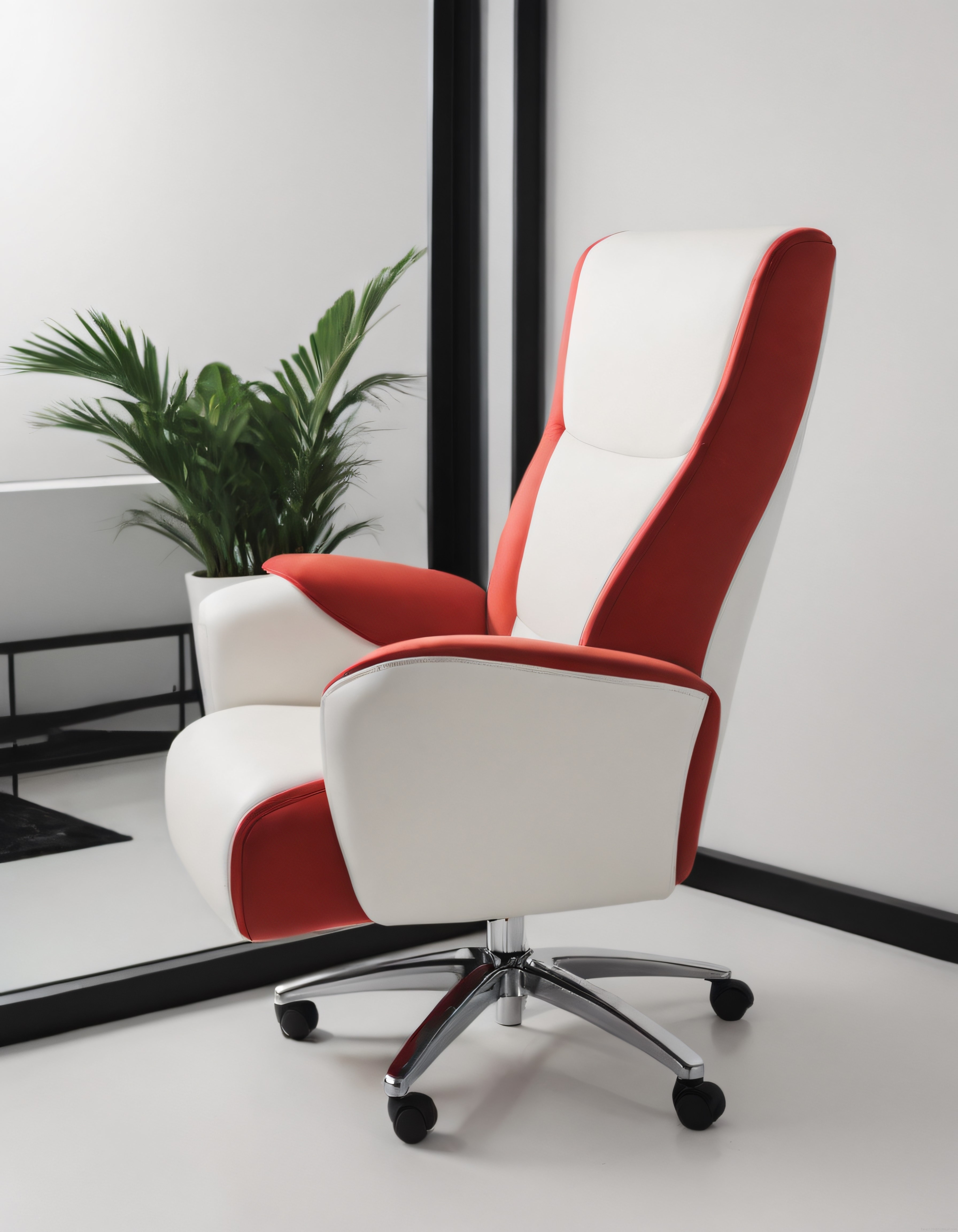Modern Kırmızı Beyaz Tekerlekli Ofis Koltuğu ve Minimalist Çalışma Odası Dekoru