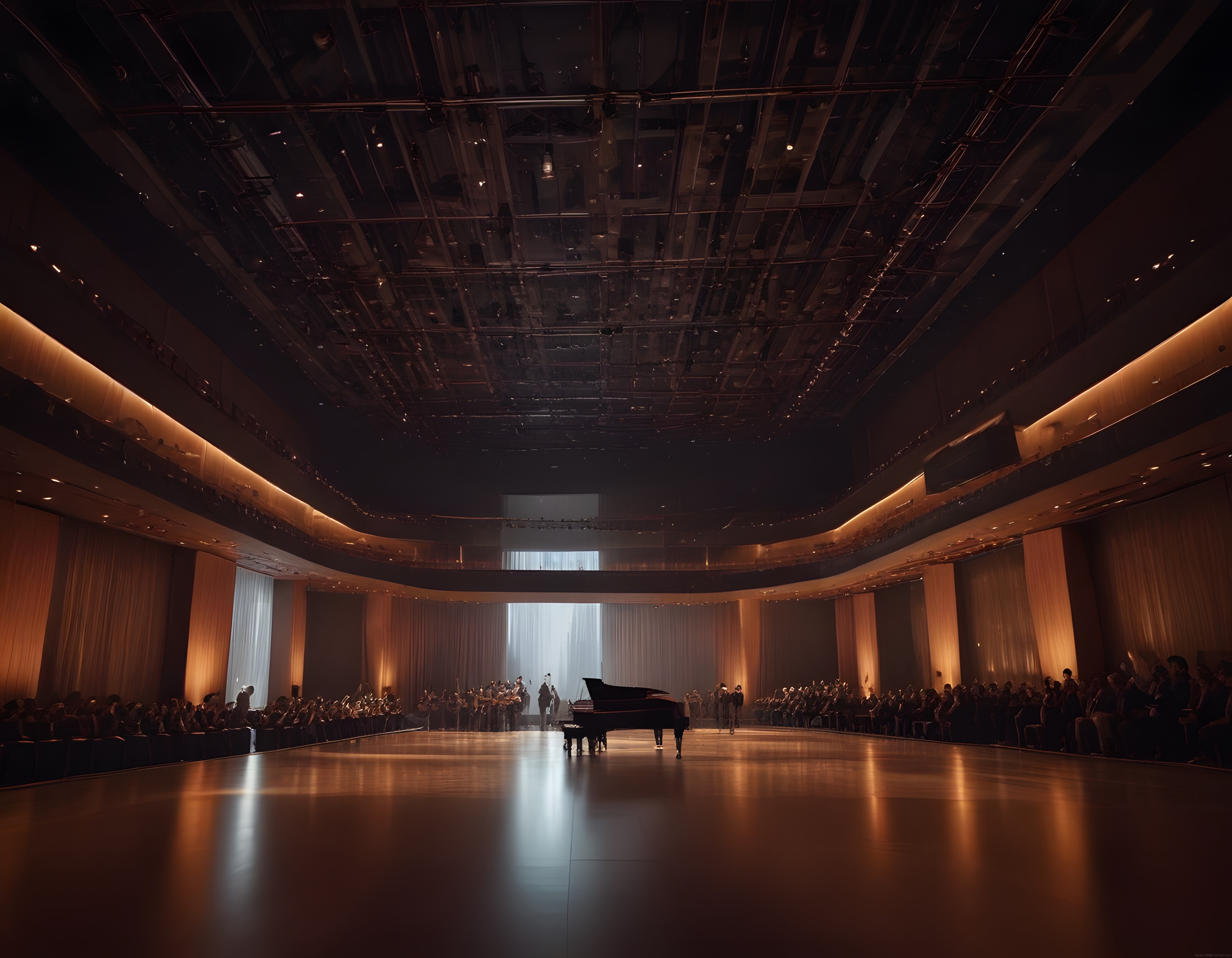 modern konser salonunda piyano ve orkestra ile klasik müzik performansı