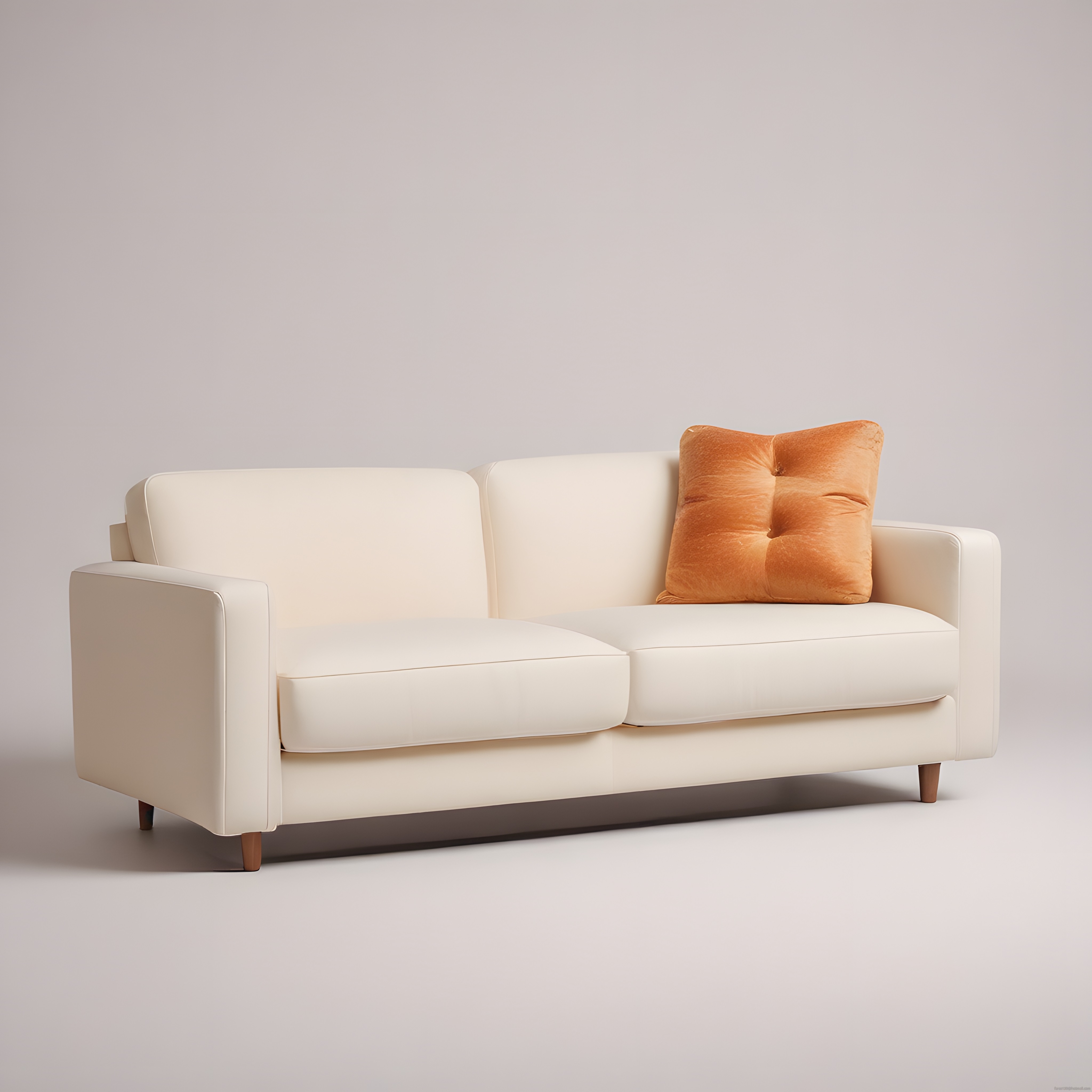 Modern Krem Rengi İkili Kanepe ve Turuncu Kadife Yastık ile Minimal Salon Dekoru