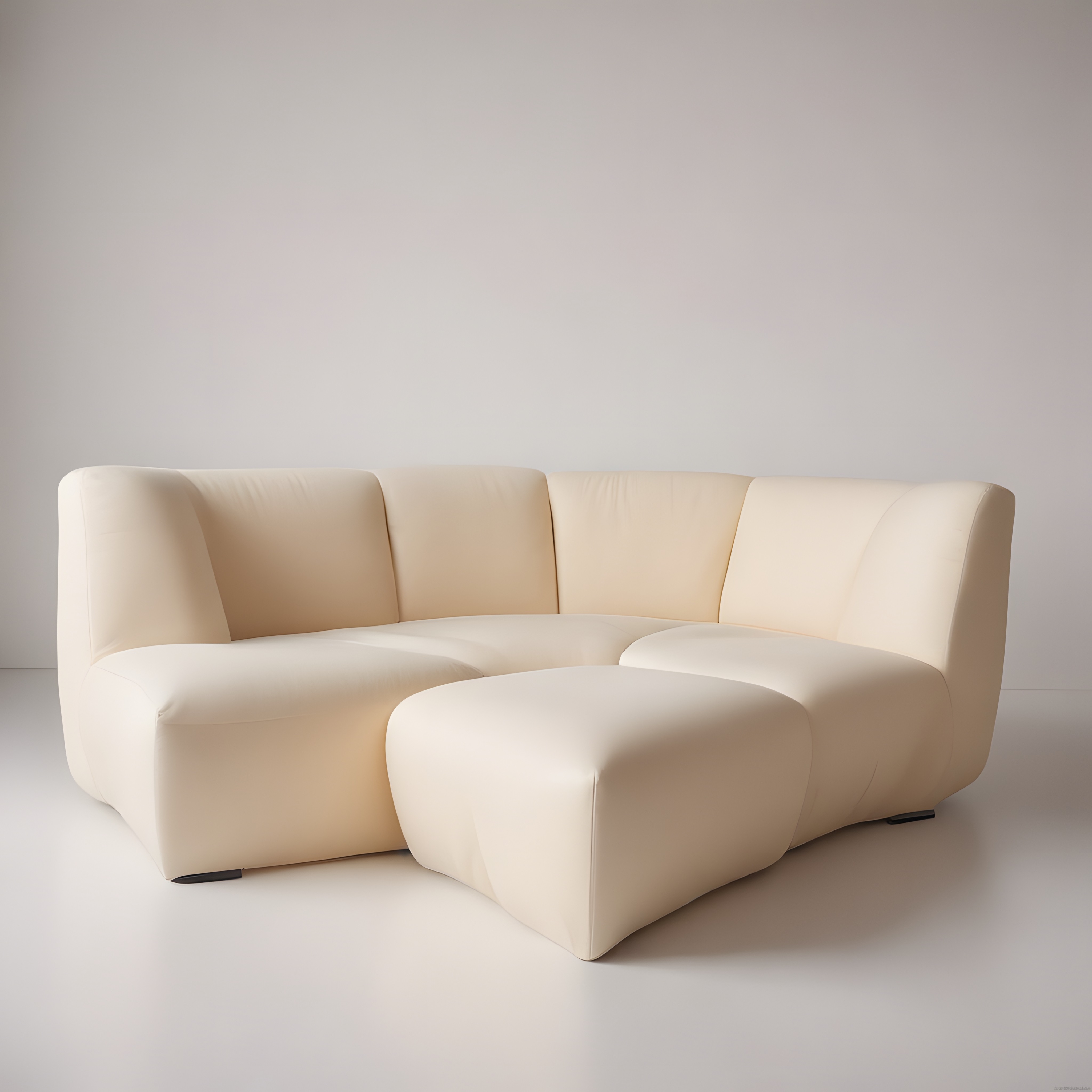 Modern krem rengi modüler kanepe ve puf takımıyla minimalist salon dekorasyonu