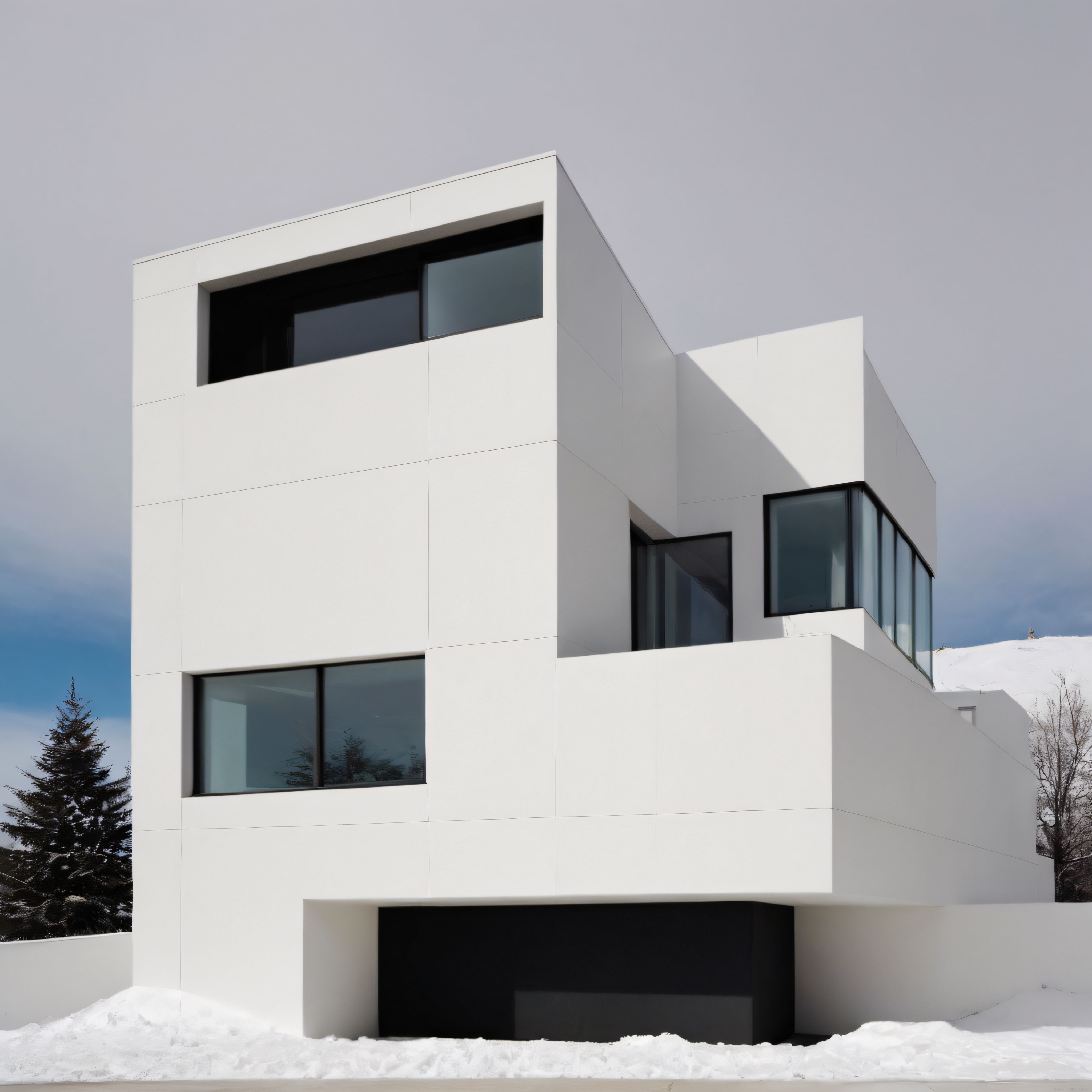 Modern Kübik Beyaz Villa: Karlı Doğada Minimalist Mimari ve Keskin Hatlar