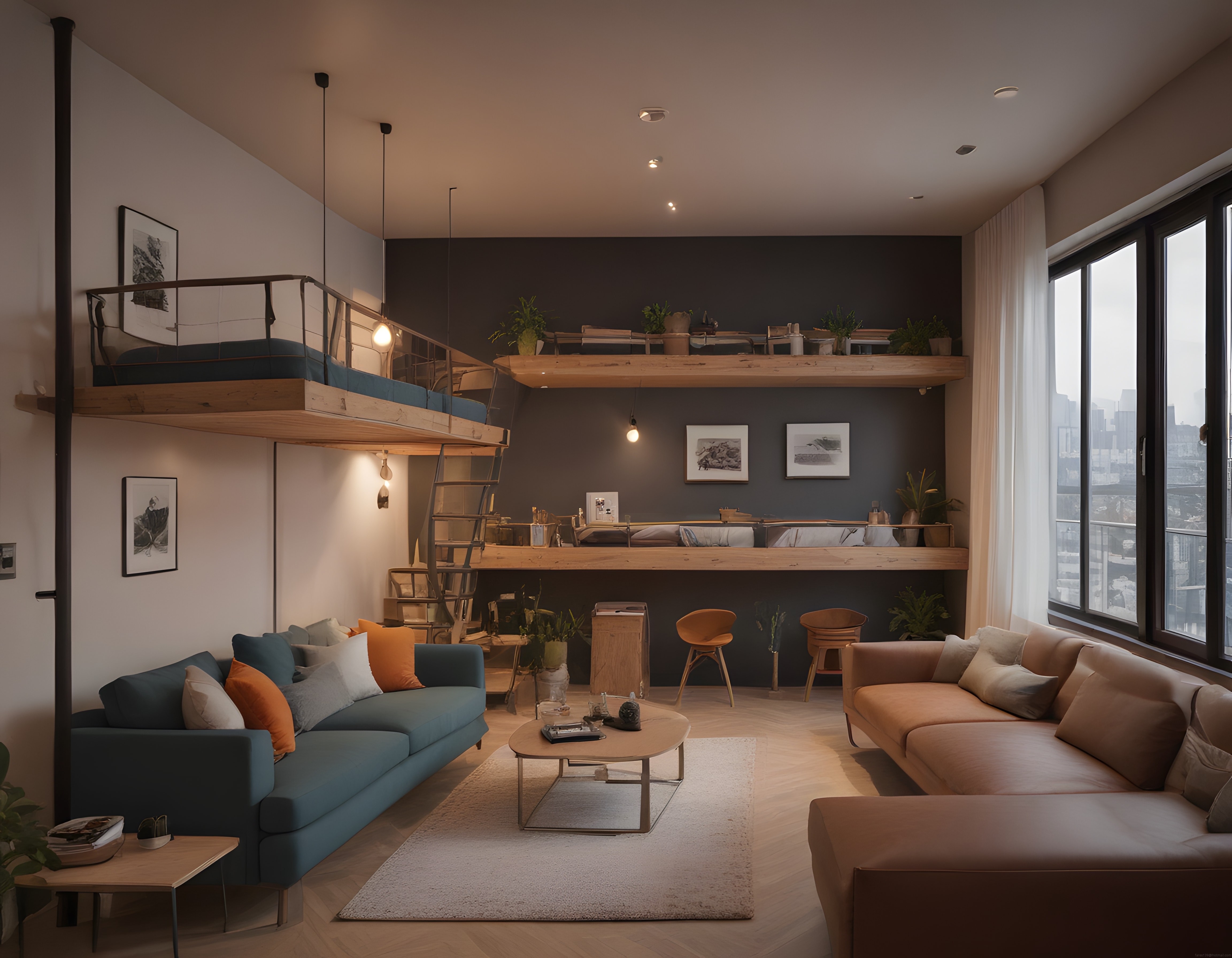 Modern Loft Daire Dekorasyonu: Sıcak Tonlarda Üç Katlı Açık Plan Oturma Odası