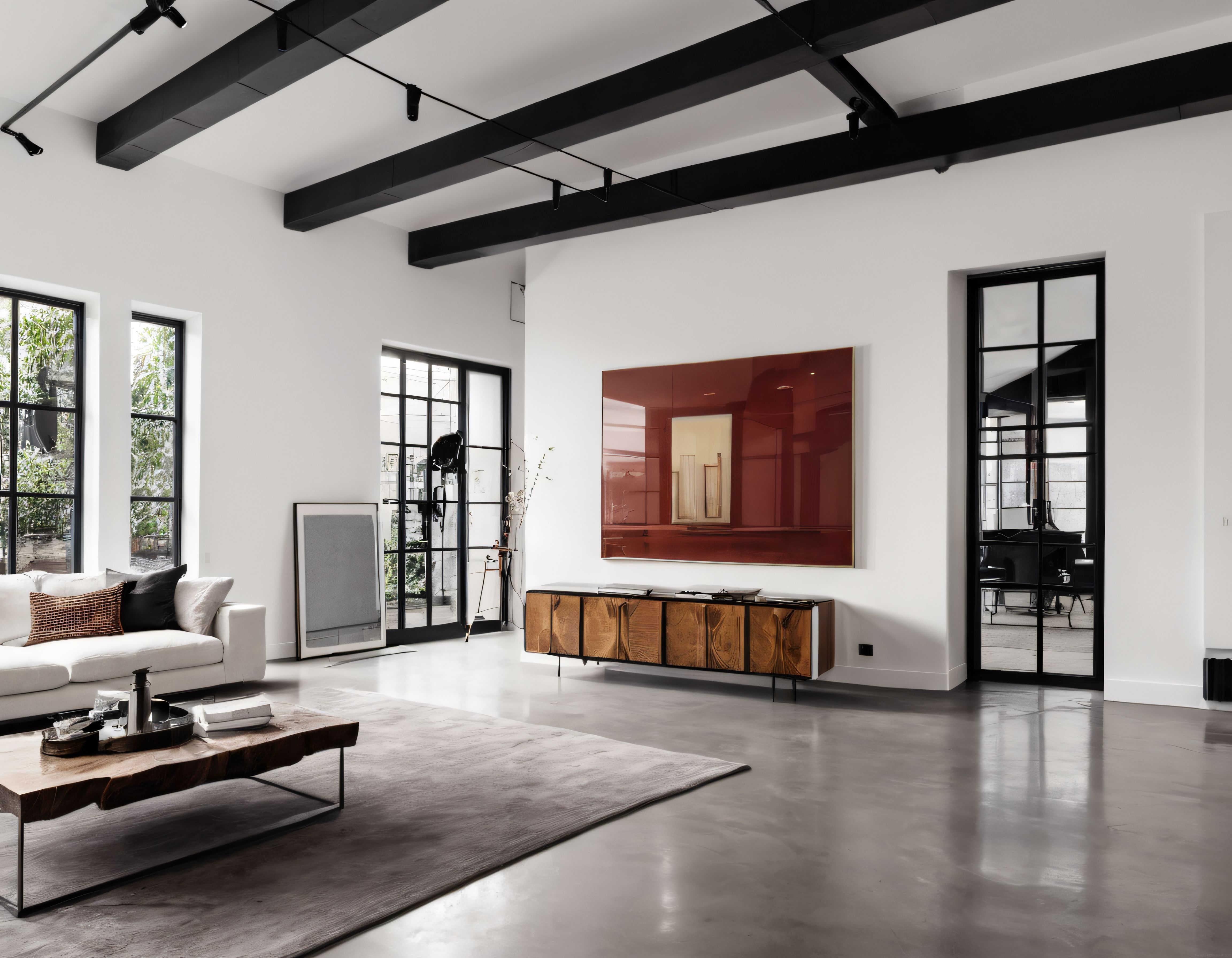 Modern Loft Salon: Yüksek Tavan, Endüstriyel Kirişler ve Sıcak Ahşap Detaylar