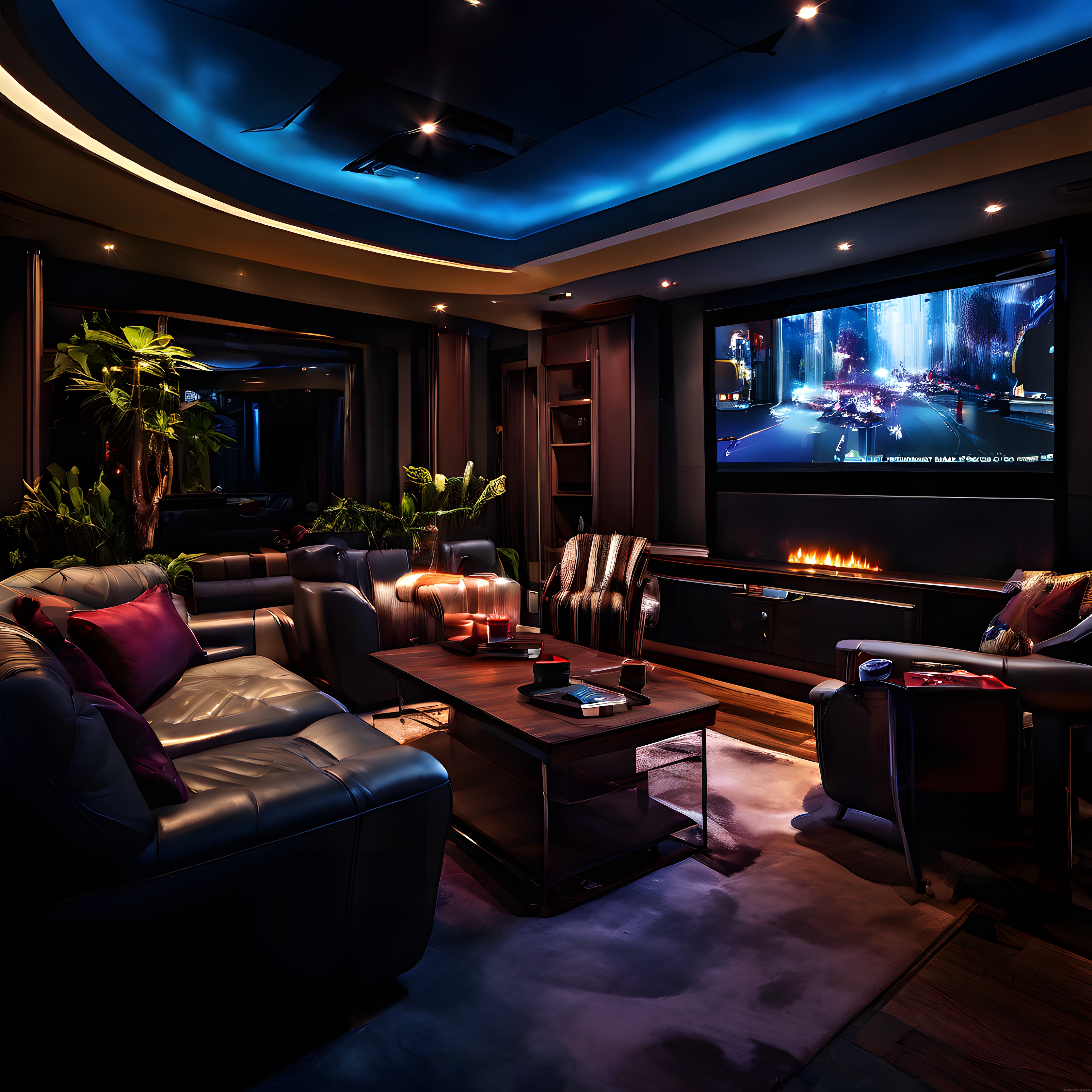 Modern Lüks Ev Sinema Odası: Şömine ve Gizli Işıklandırmayla Sinematik Atmosfer Modern Lüks Ev Sinema Odası: Şömine ve Gizli Işıklandırmayla Sinematik Atmosfer