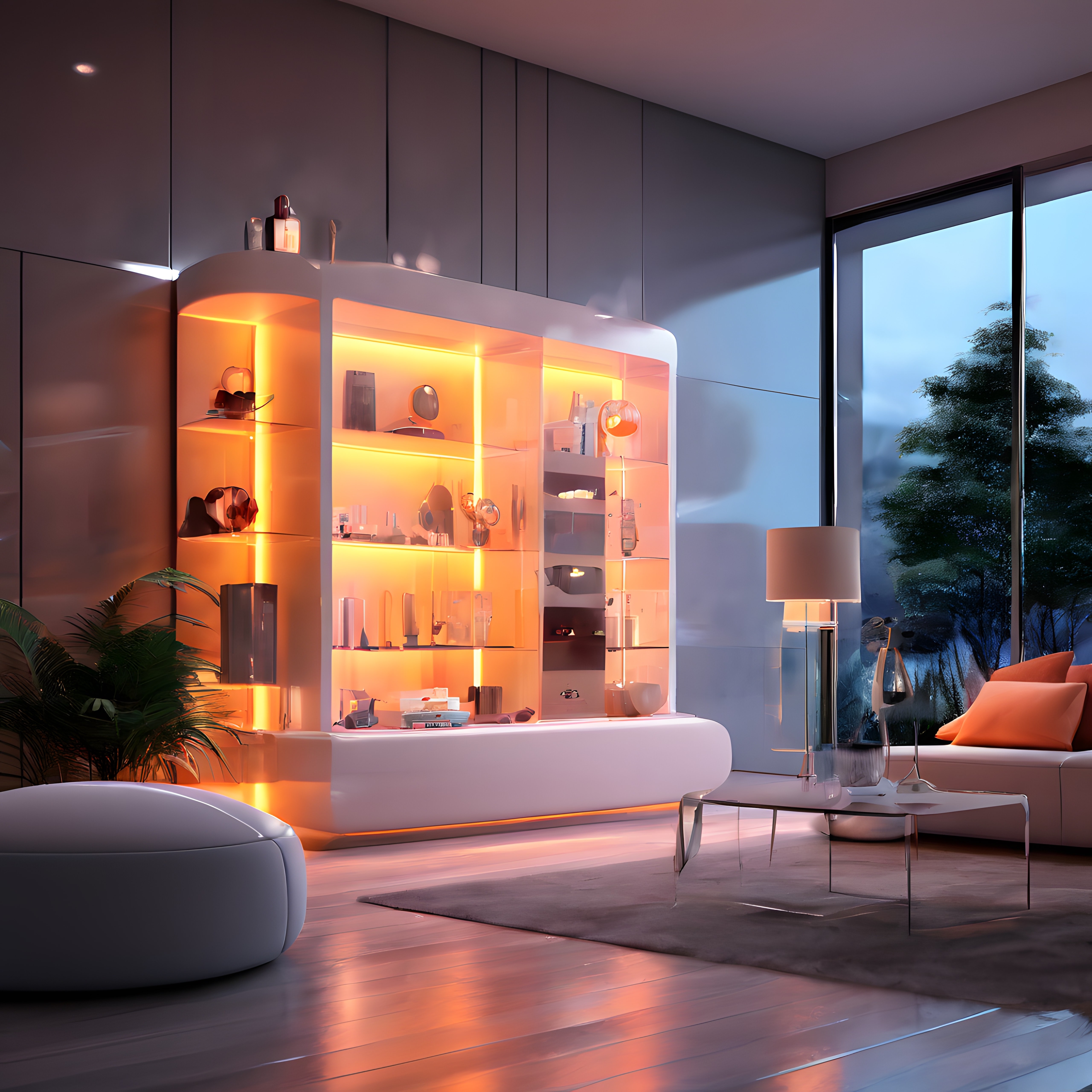 Modern Lüks Oturma Odasında Amber Işıklı Dekoratif Vitrin ve Doğa Manzarası