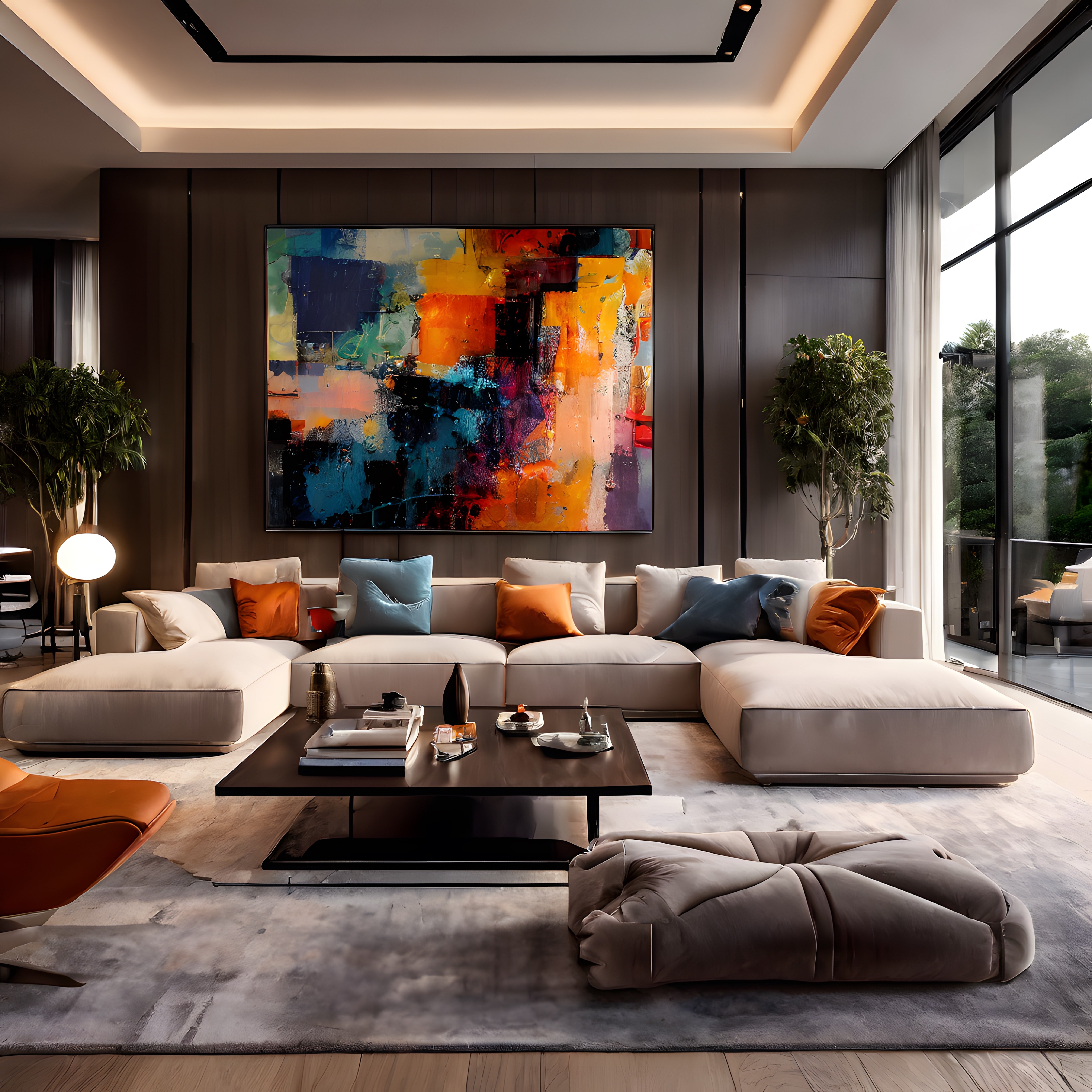 Modern Lüks Salon İç Mekanında Renkli Soyut Tablo ve Şık Dekorasyon