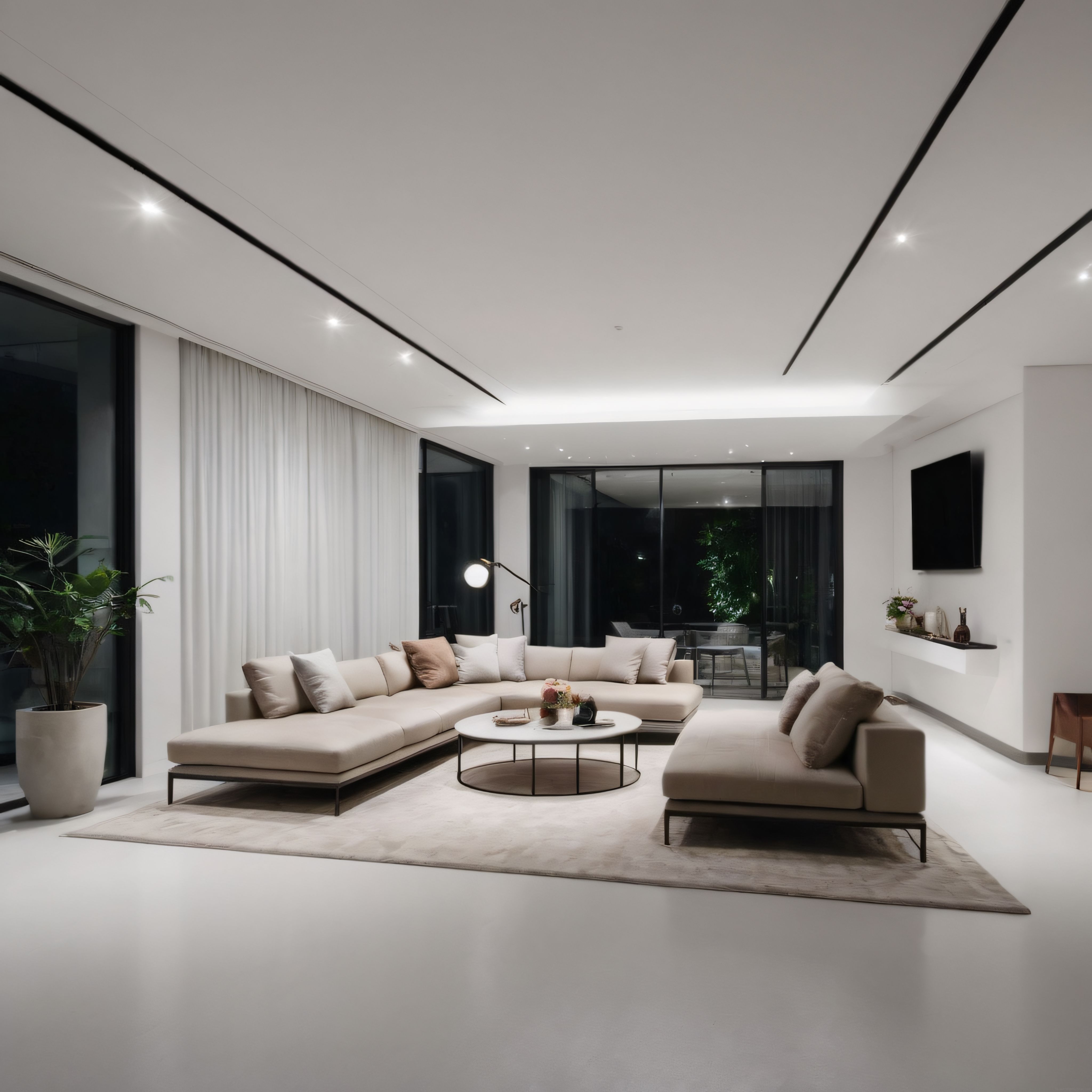 Modern Lüks Villa Salonu: Minimalist Köşe Koltuk ve Gizli Aydınlatma Detayları