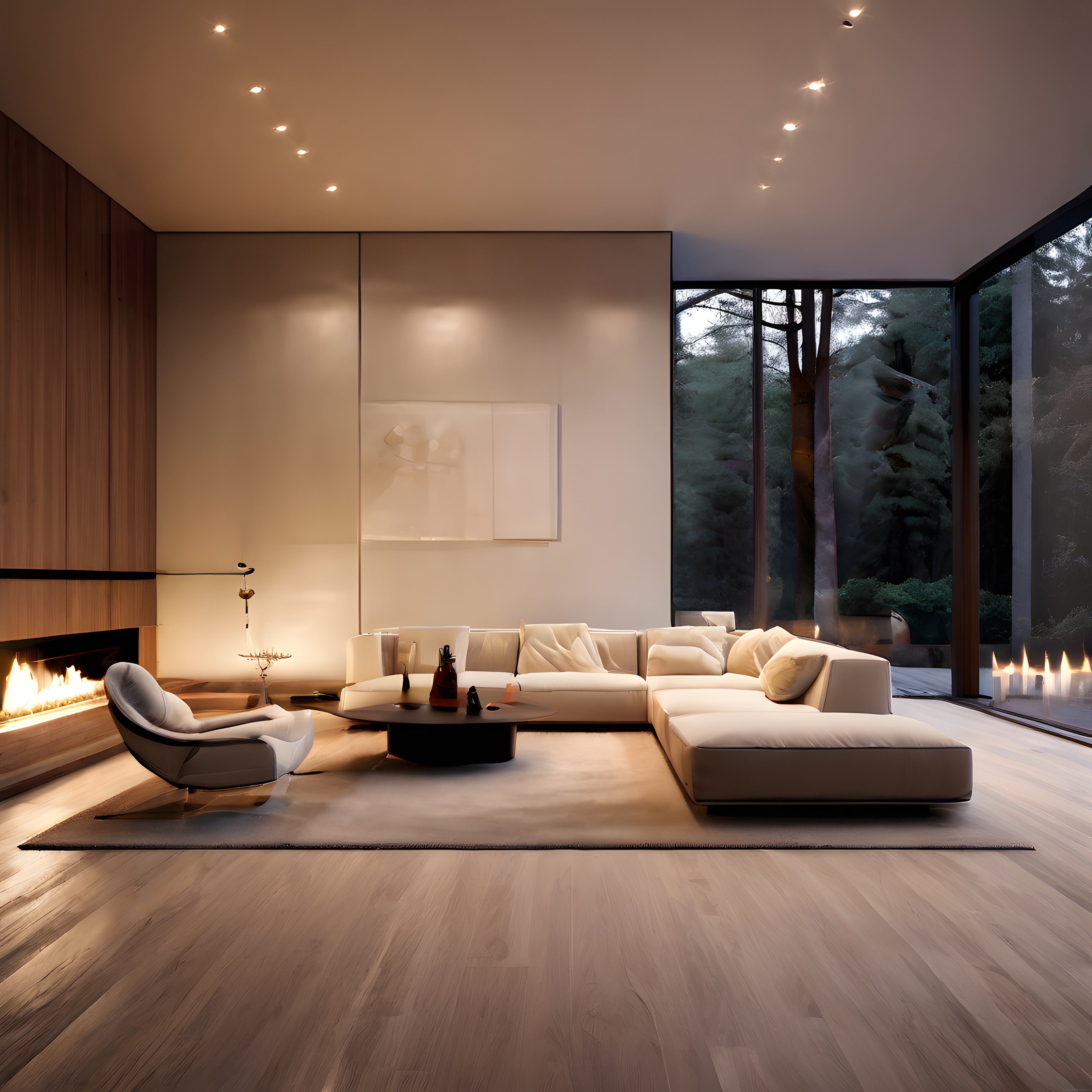 Modern Lüks Villa Salonu: Şömineli ve Orman Manzaralı İç Mimari