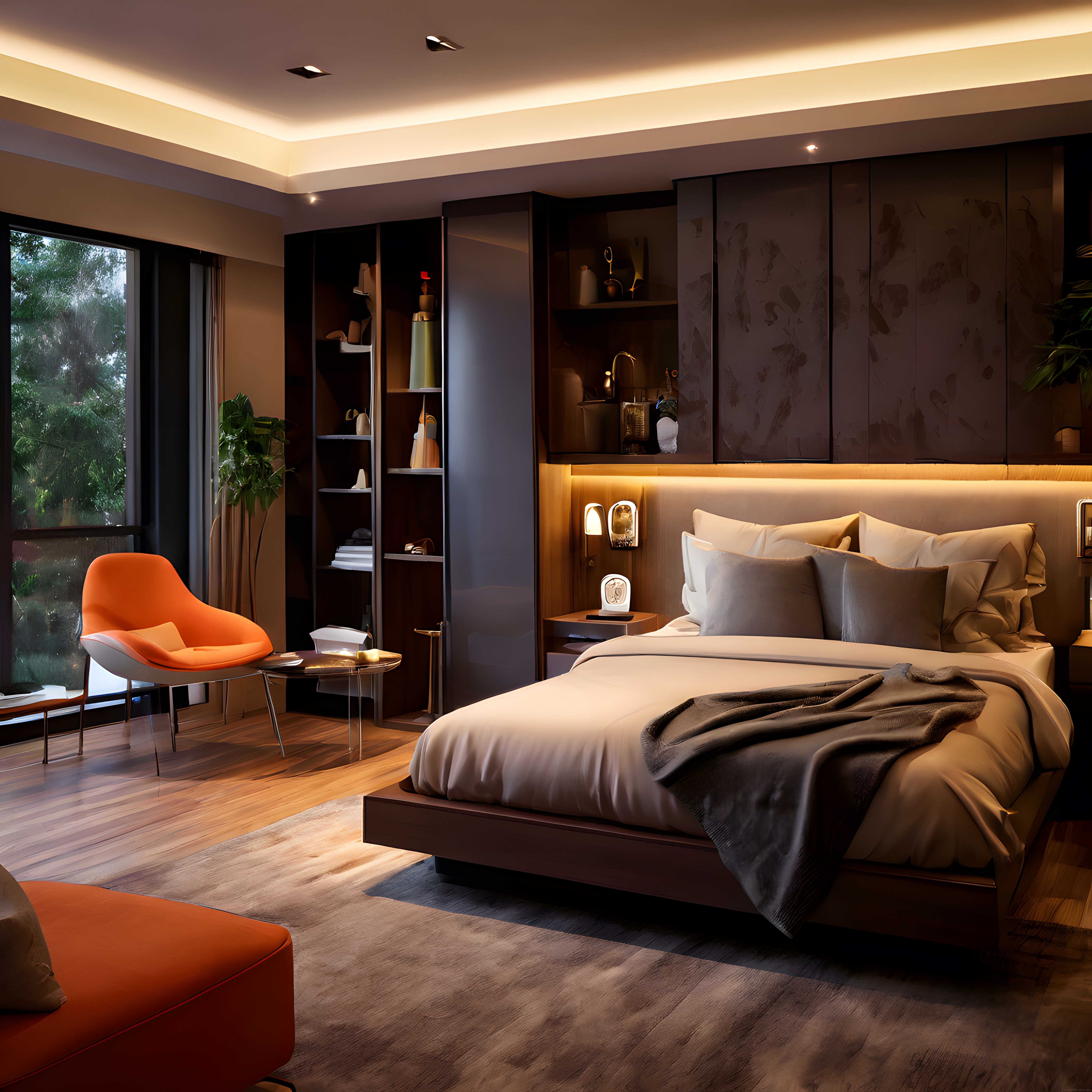 Modern Lüks Yatak Odası: Butik Otel Havasında Sıcak Işık ve Şık Detaylar