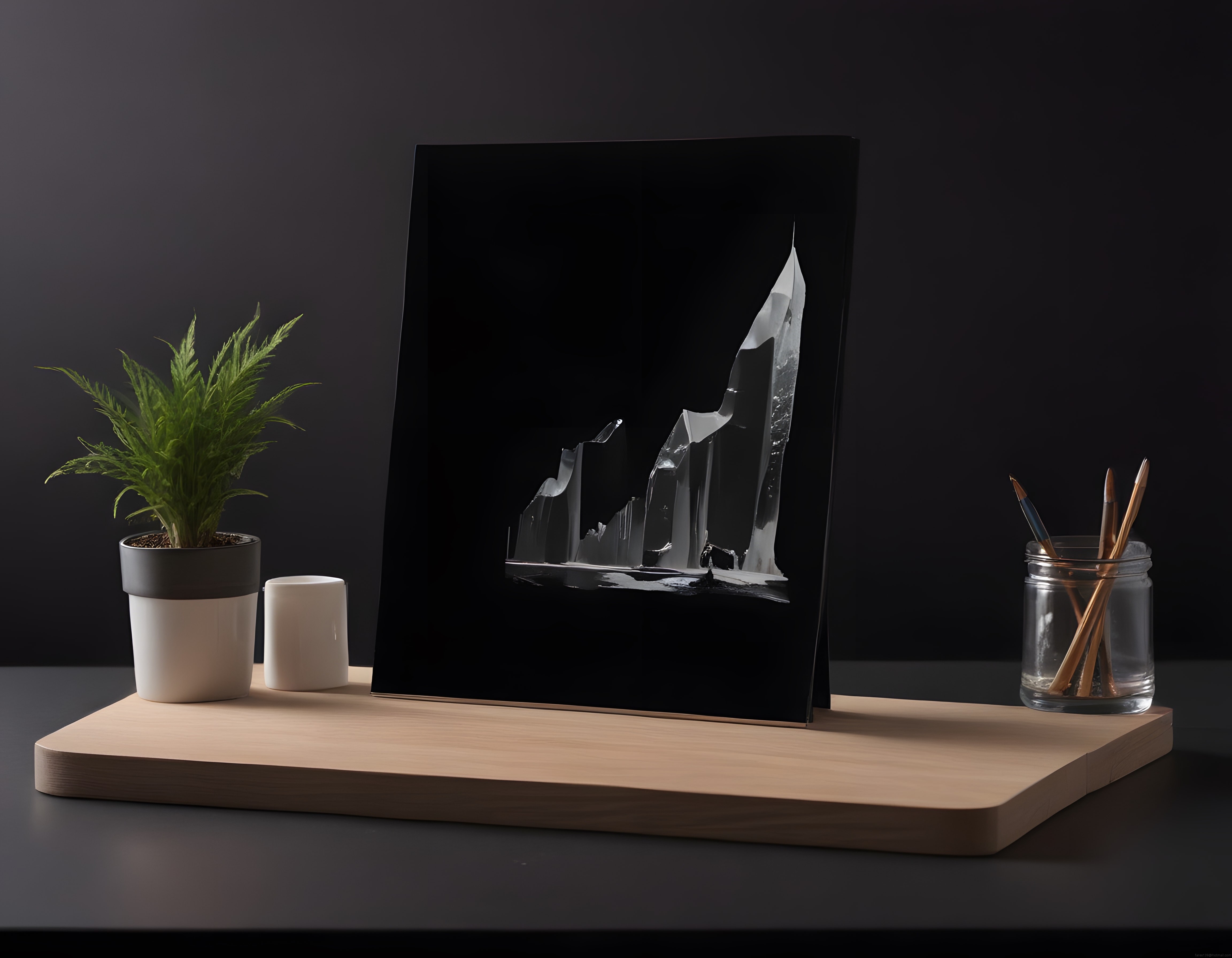 Modern Masaüstü Dekorasyonu: Buzul Tasarımlı Sanat Eseri ve Minimal Aksesuarlar