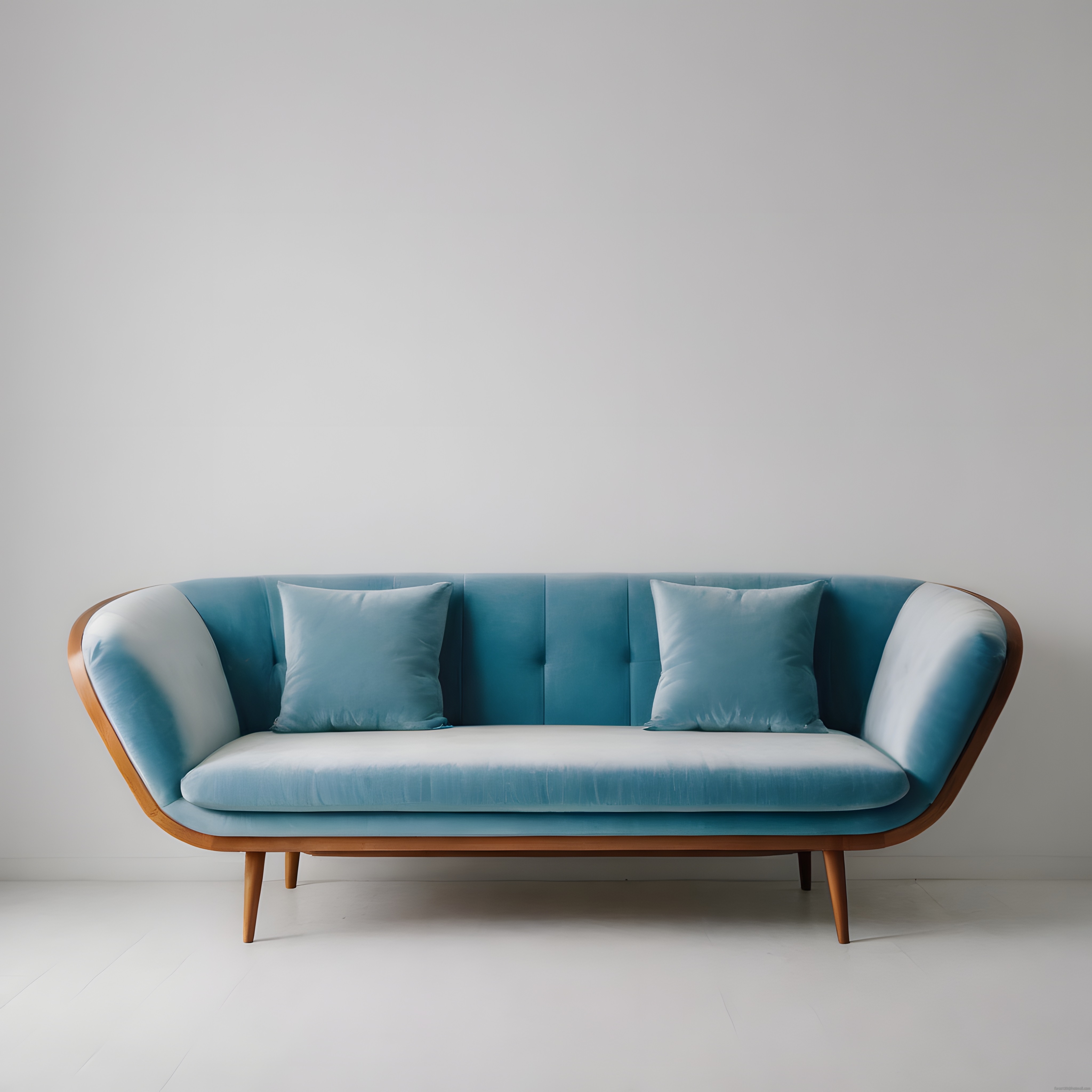 Modern Mavi Kadife Kanepe, Ahşap Detaylı Minimalist Salon Dekorasyonu