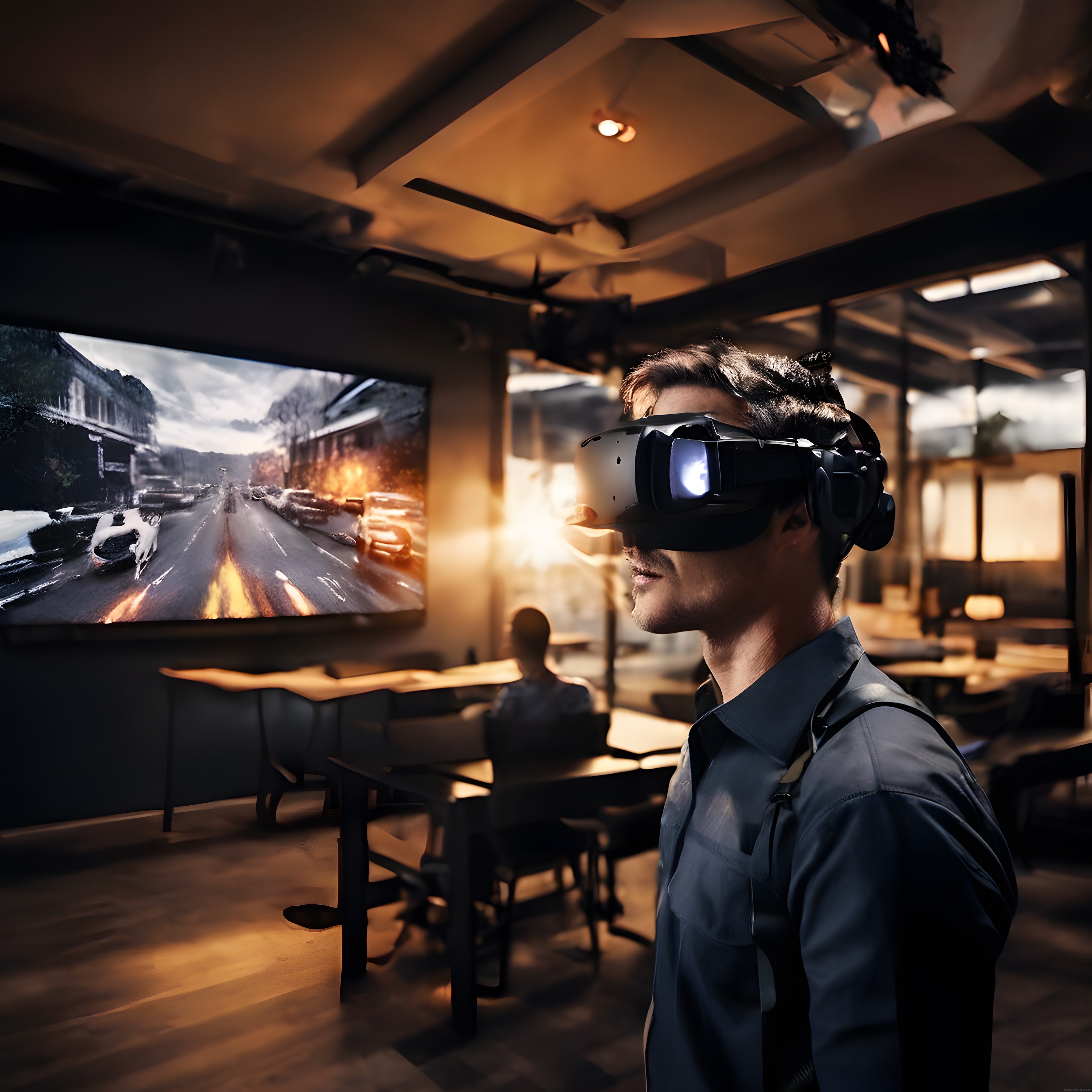 Modern Mekanda VR Başlık Kullanan Adam ve Arkasındaki Yarış Oyunu Ekranı