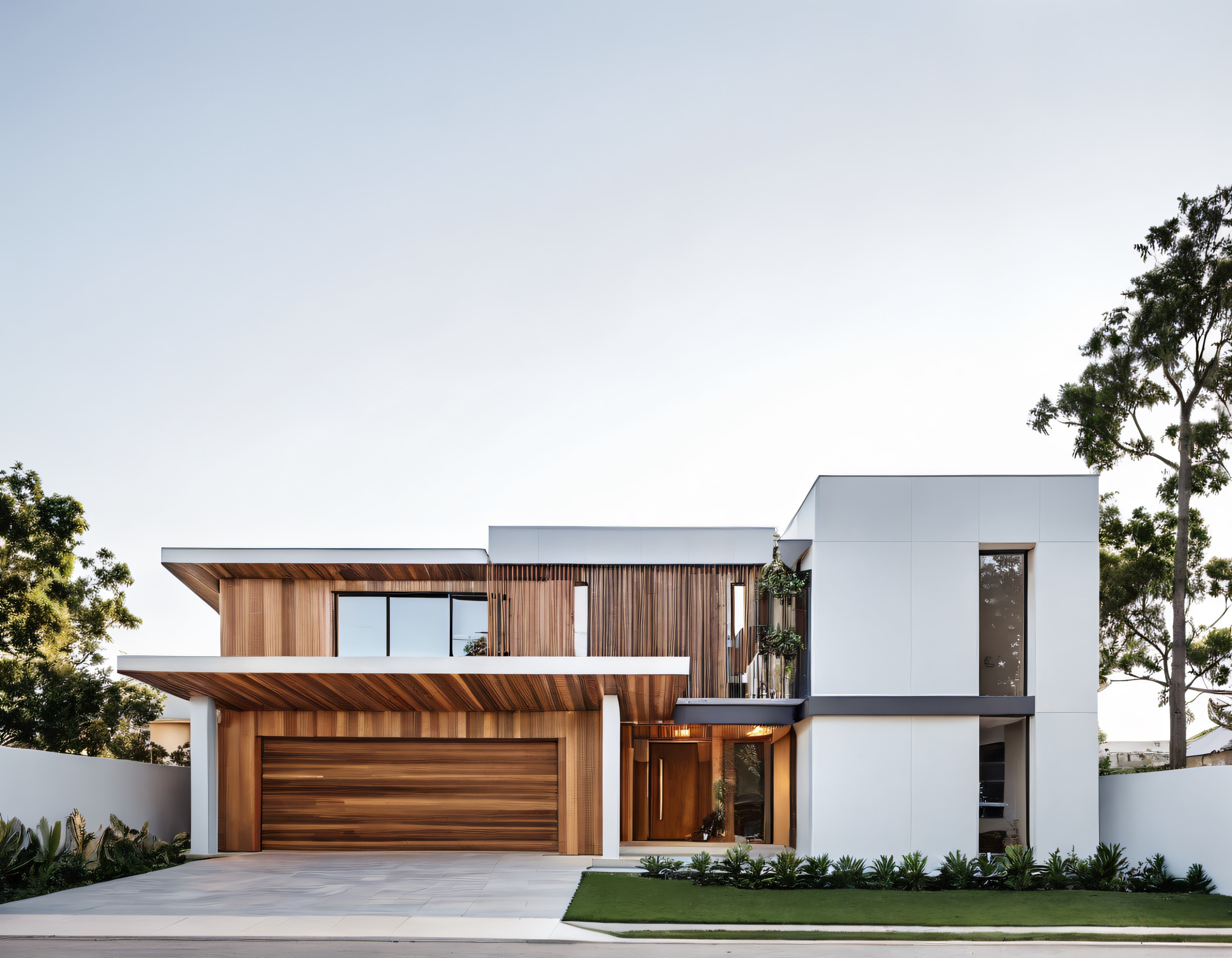 Modern mimari ahşap ve beyaz renkli lüks villa cephesi manzarası