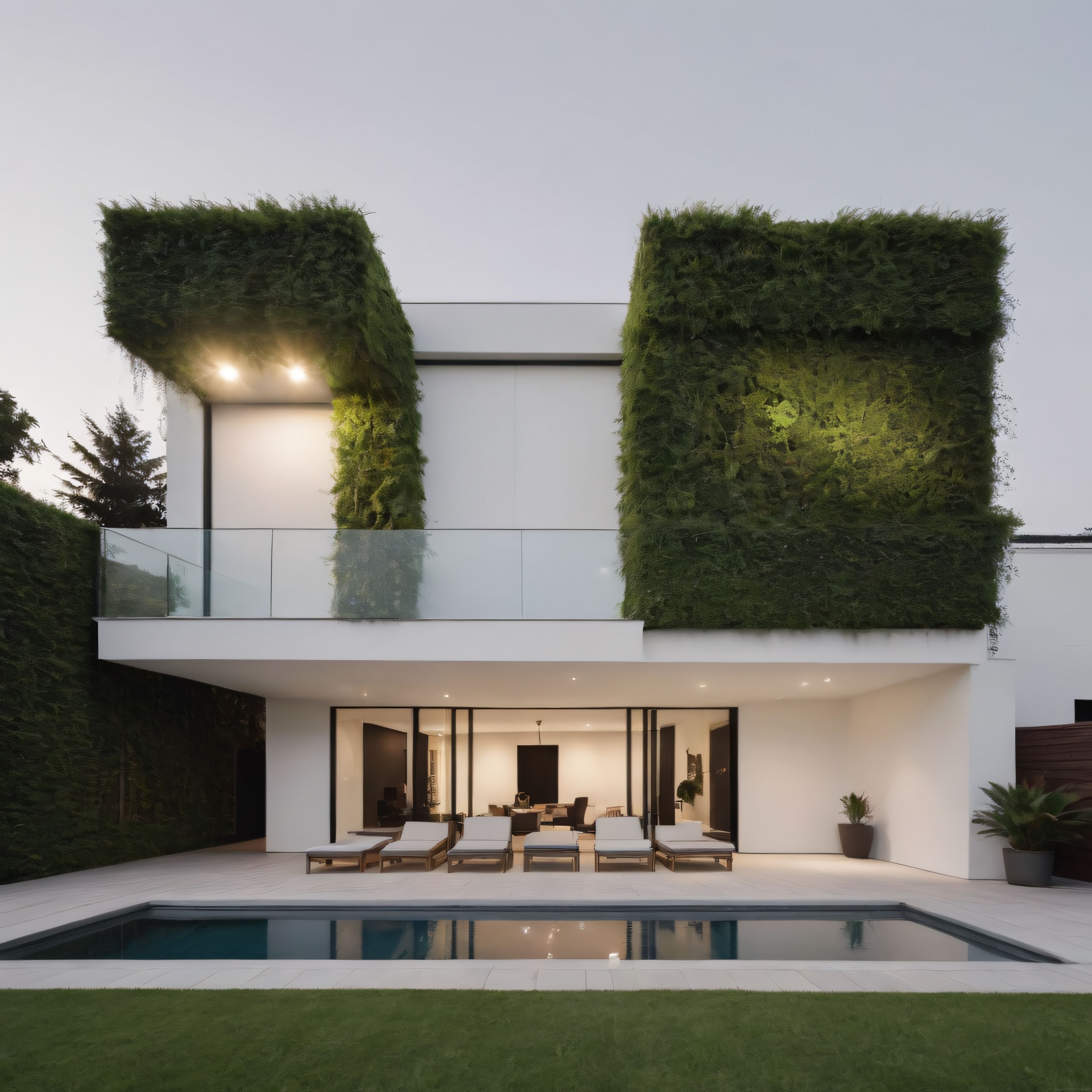 Modern mimari anlayışıyla tasarlanmış yeşil cepheli lüks villa ve havuz manzarası