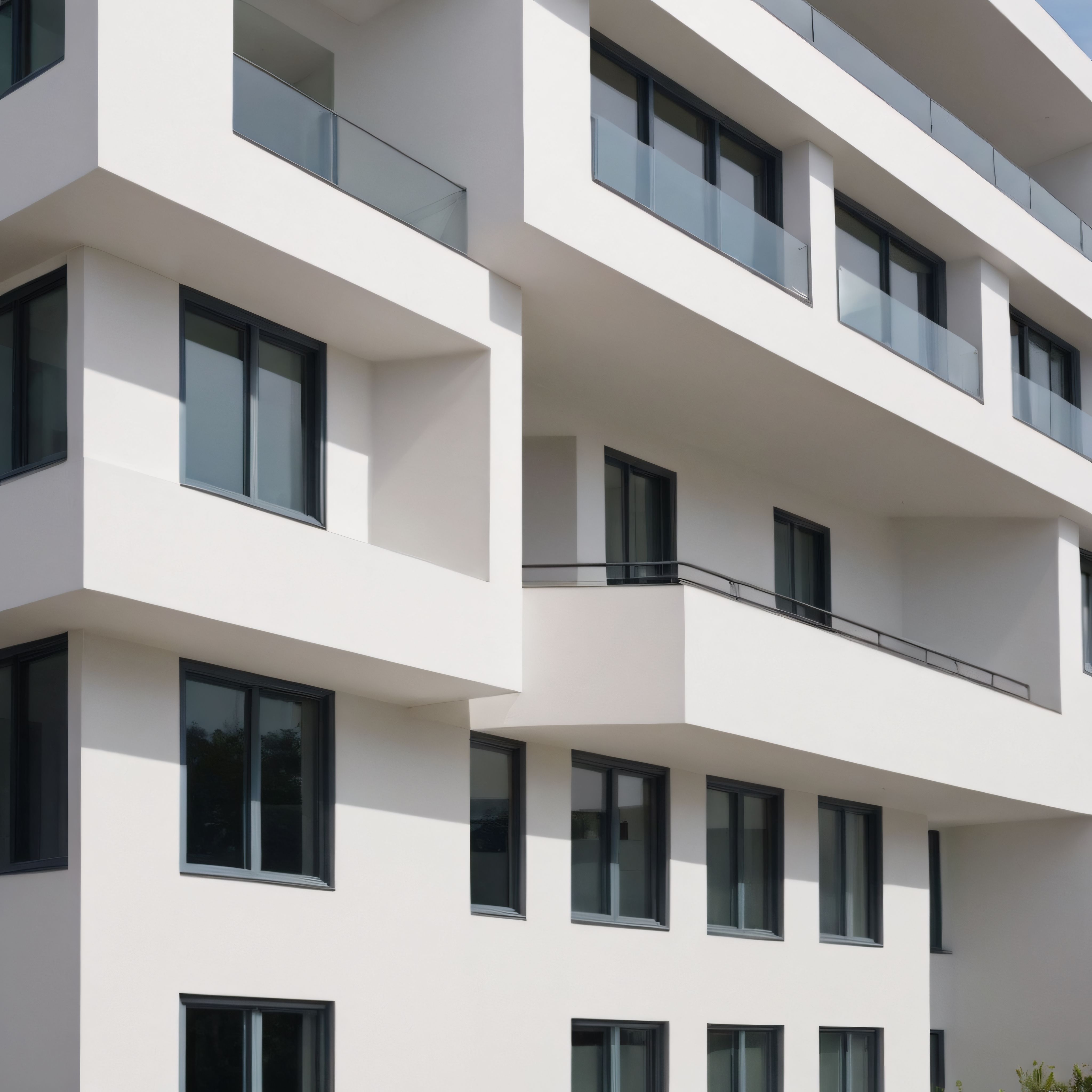 Modern mimari apartman binası cephesinde geometrik balkon ve pencereler