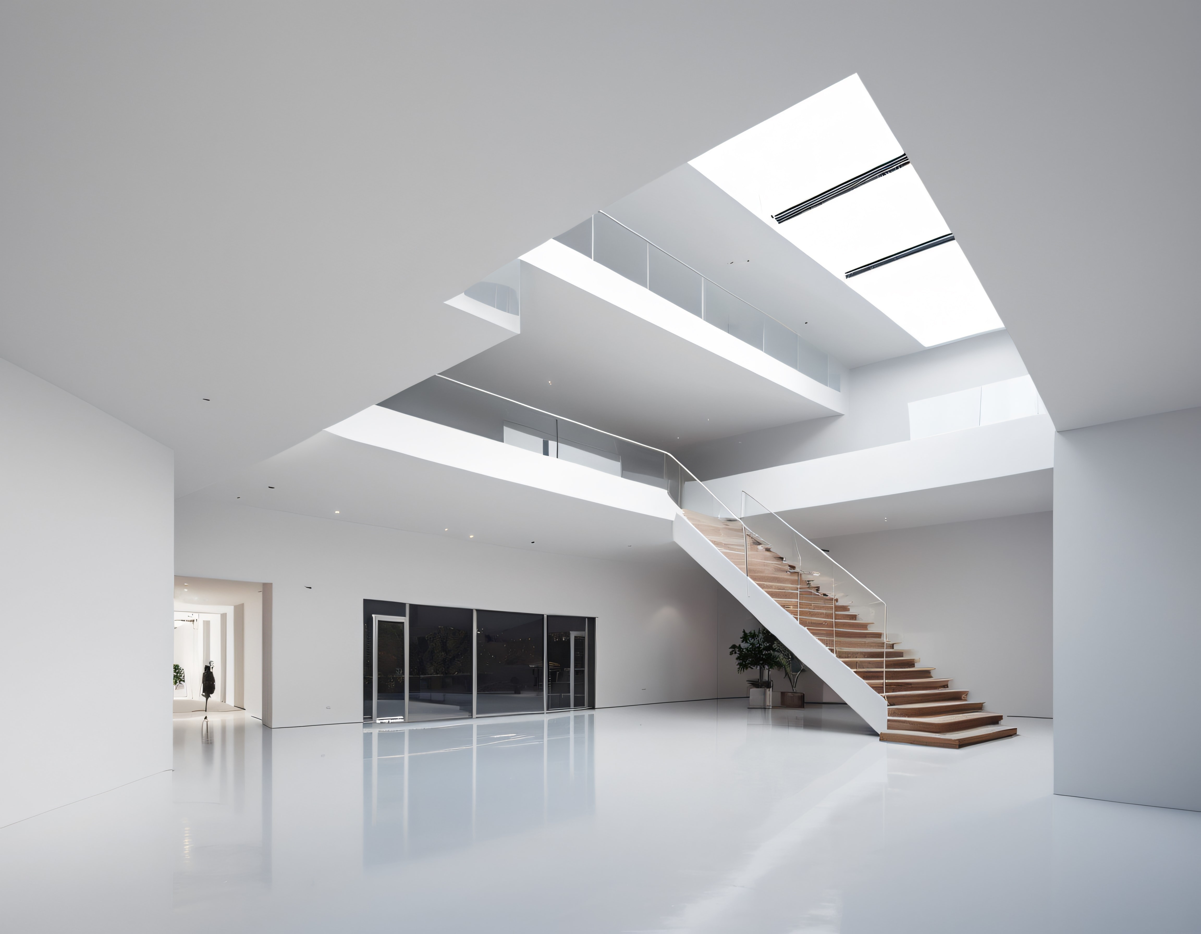 Modern mimari atrium ve geometrik merdivenli beyaz iç mekan tasarımı