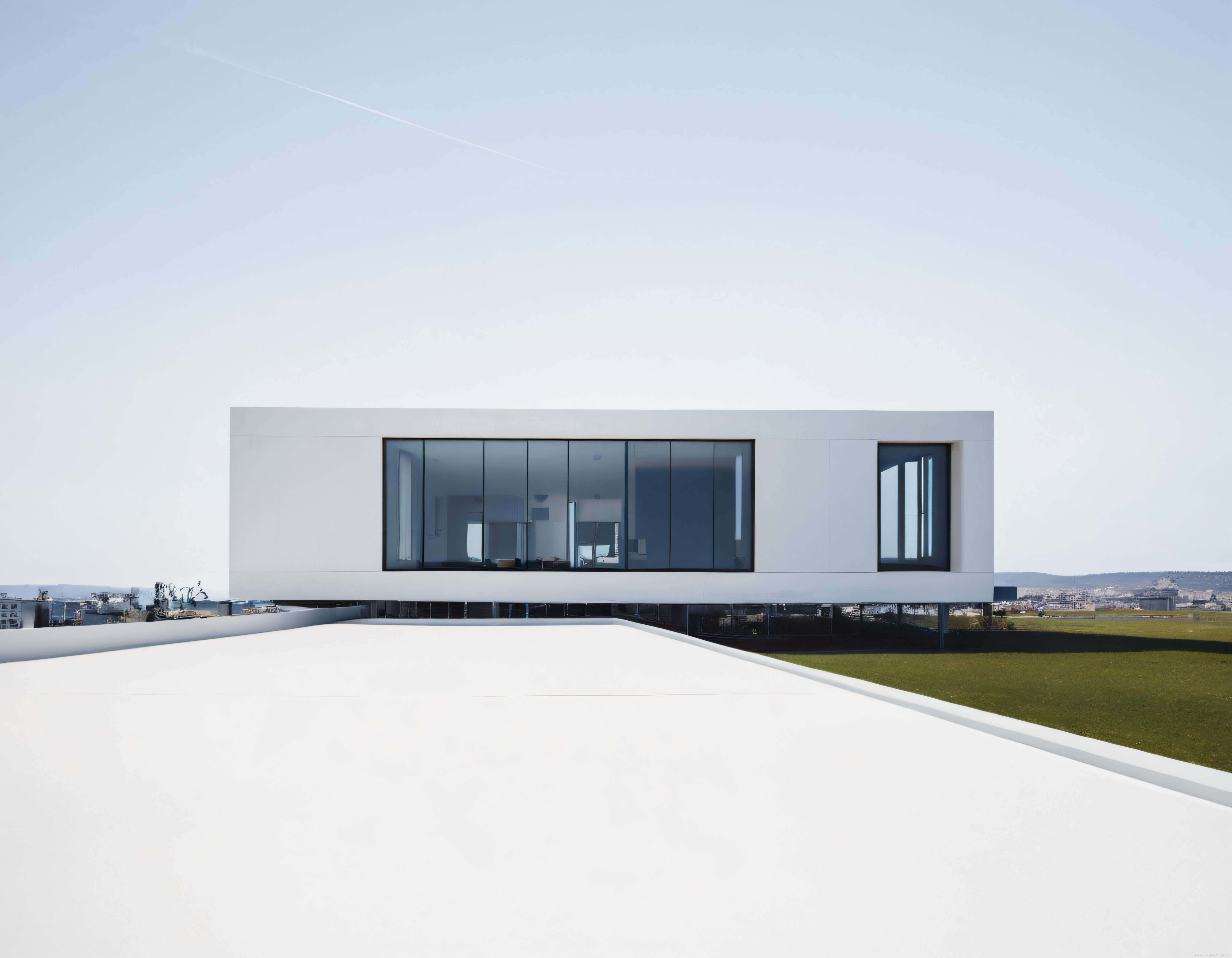 Modern Mimari Beyaz Villa Geniş Cam Cepheli ve Panoramik Teras Manzarası