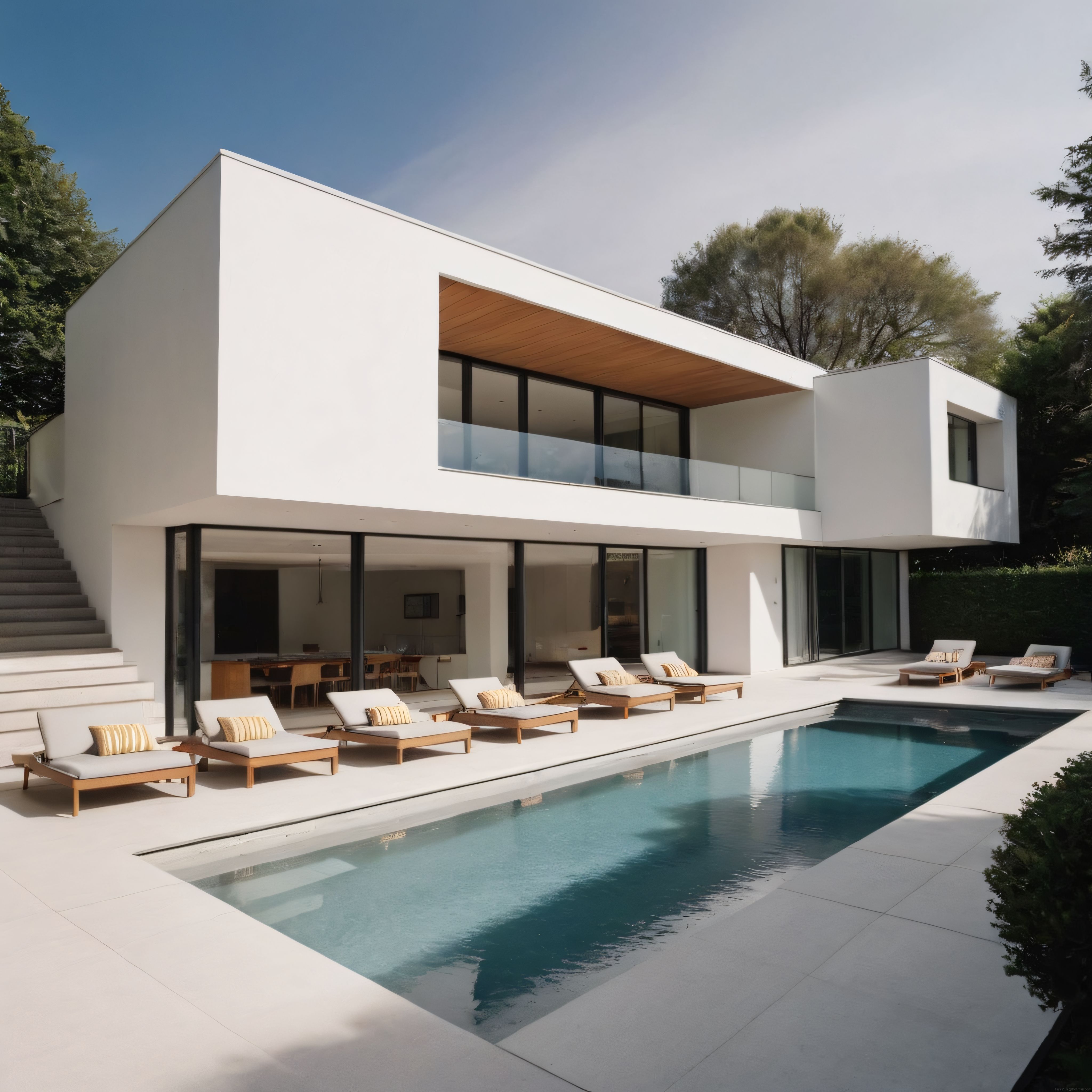 Modern Mimari Beyaz Villa, Havuzlu Teras ve Ahşap Şezlong Detayları