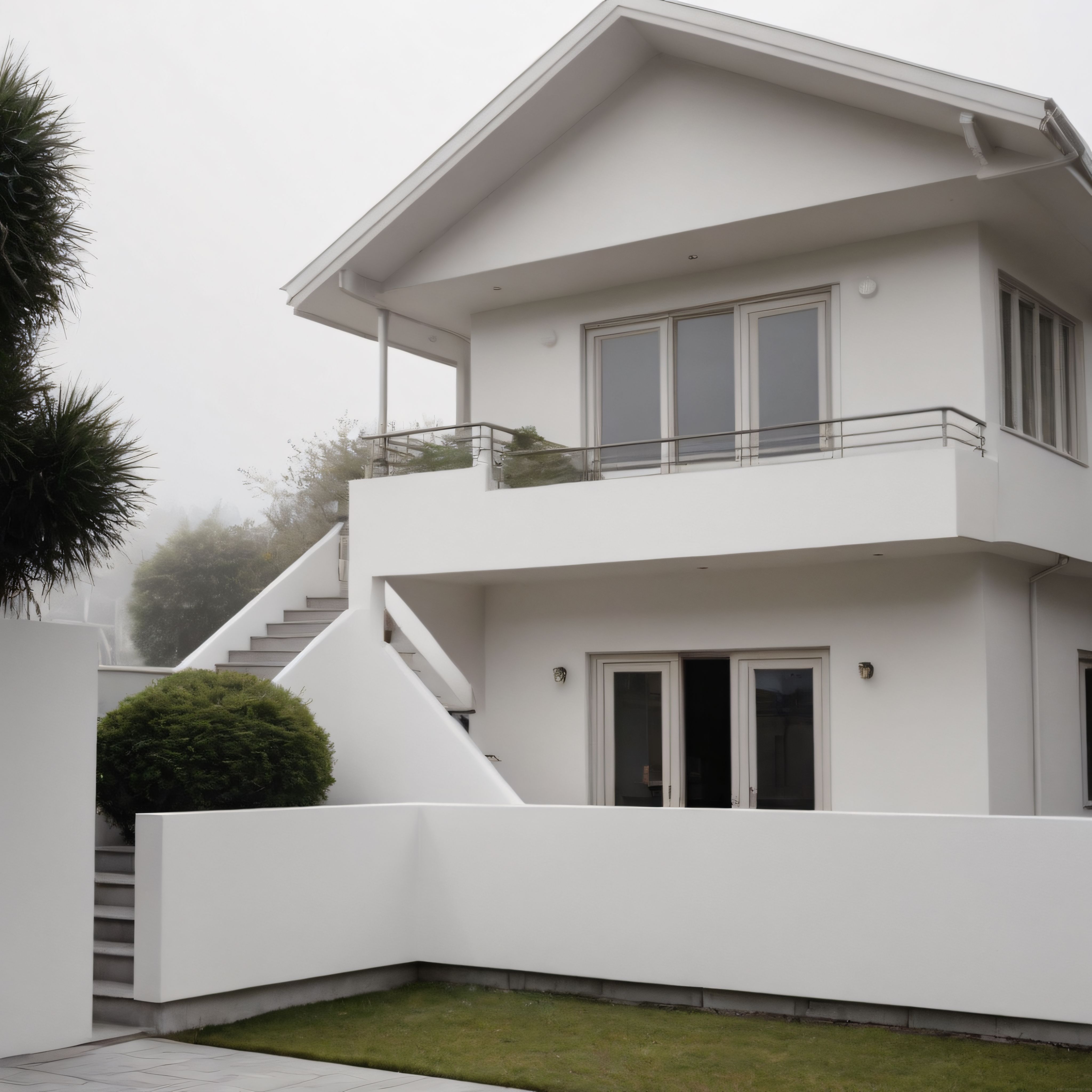 Modern mimari beyaz villa, sisli havada huzurlu ve sade bir dış cephe sunuyor