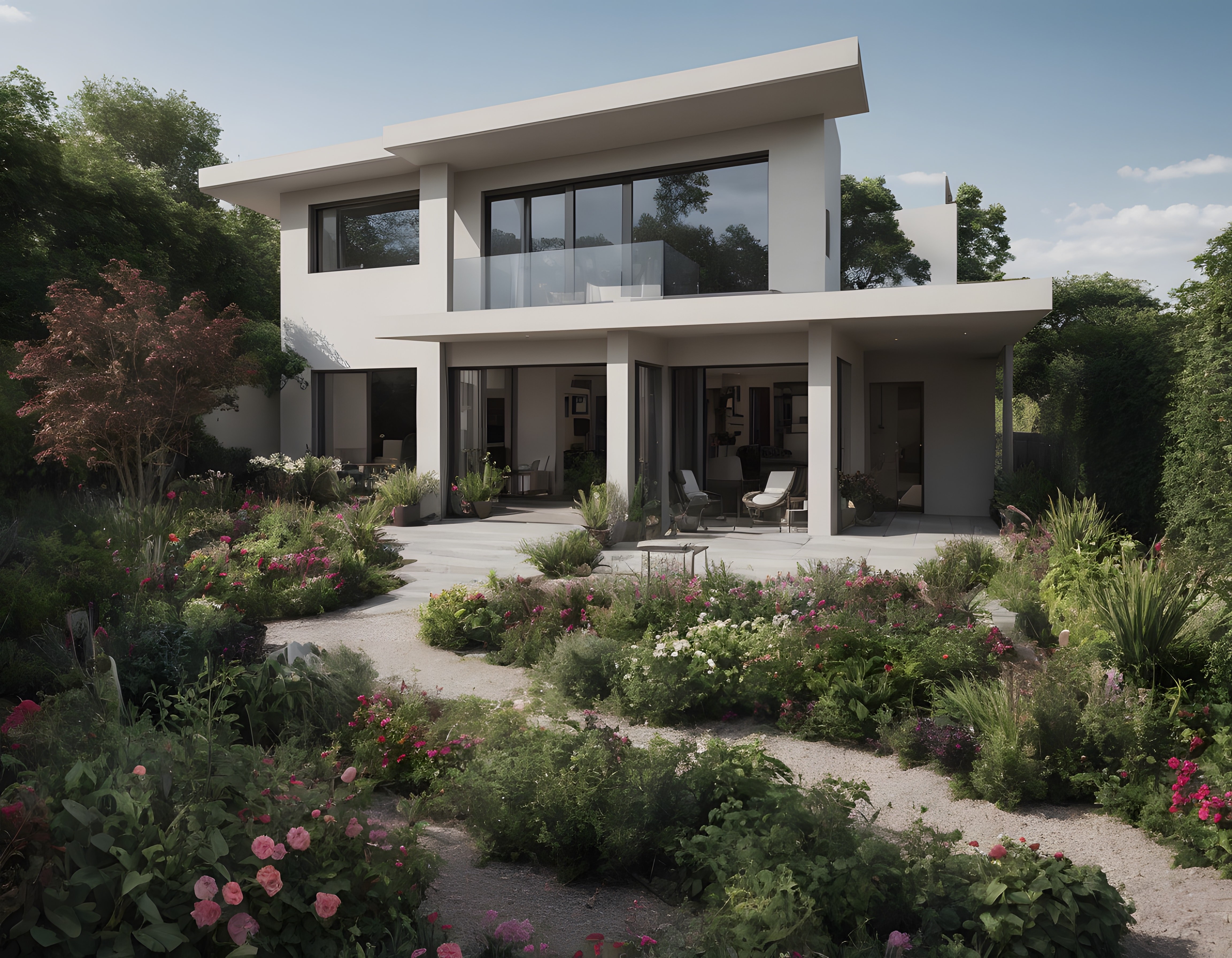 Modern mimari beyaz villa ve özenle tasarlanmış çiçekli bahçe manzarası