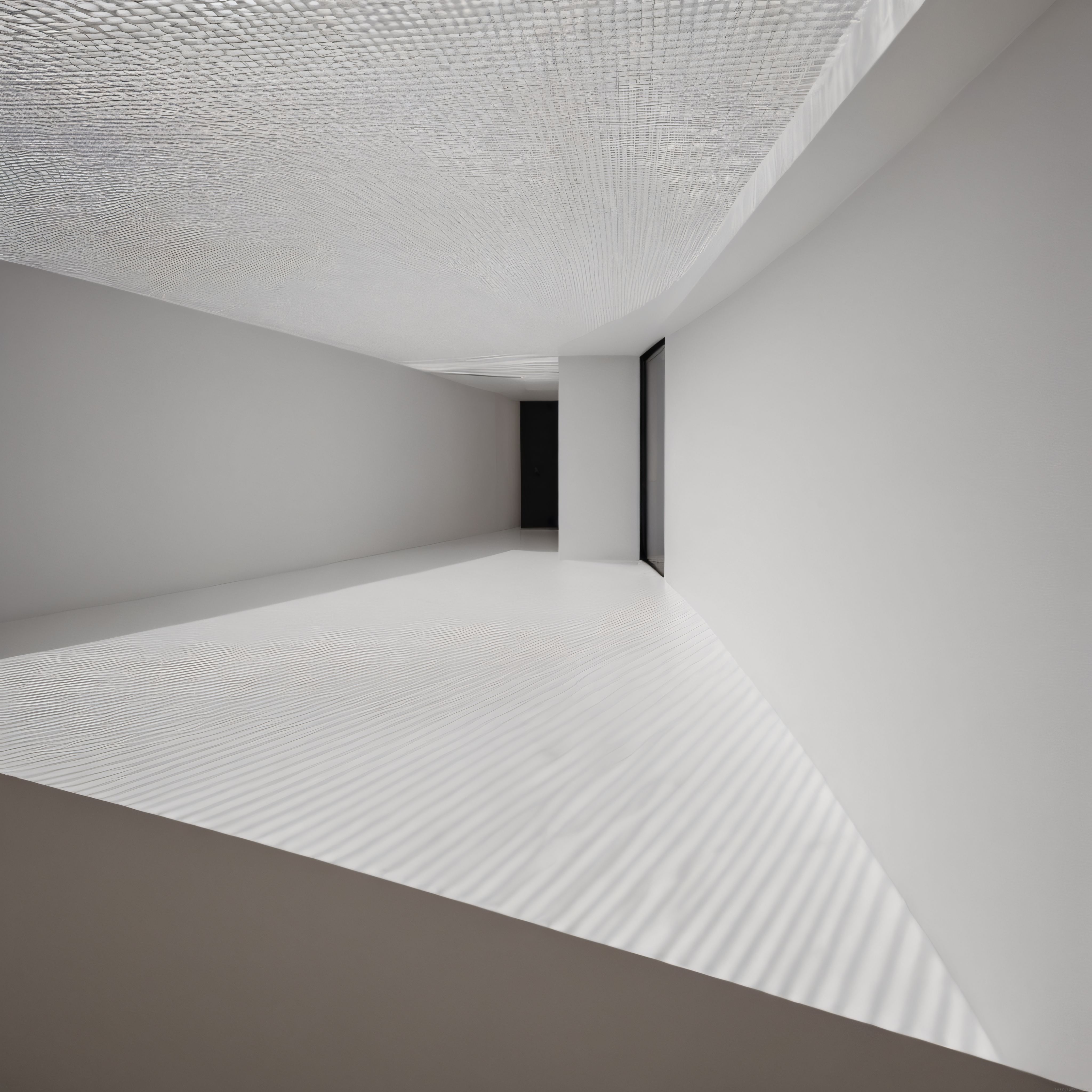 Modern mimari: geniş açılı minimalist beyaz iç mekan ve dokulu tavan tasarımı