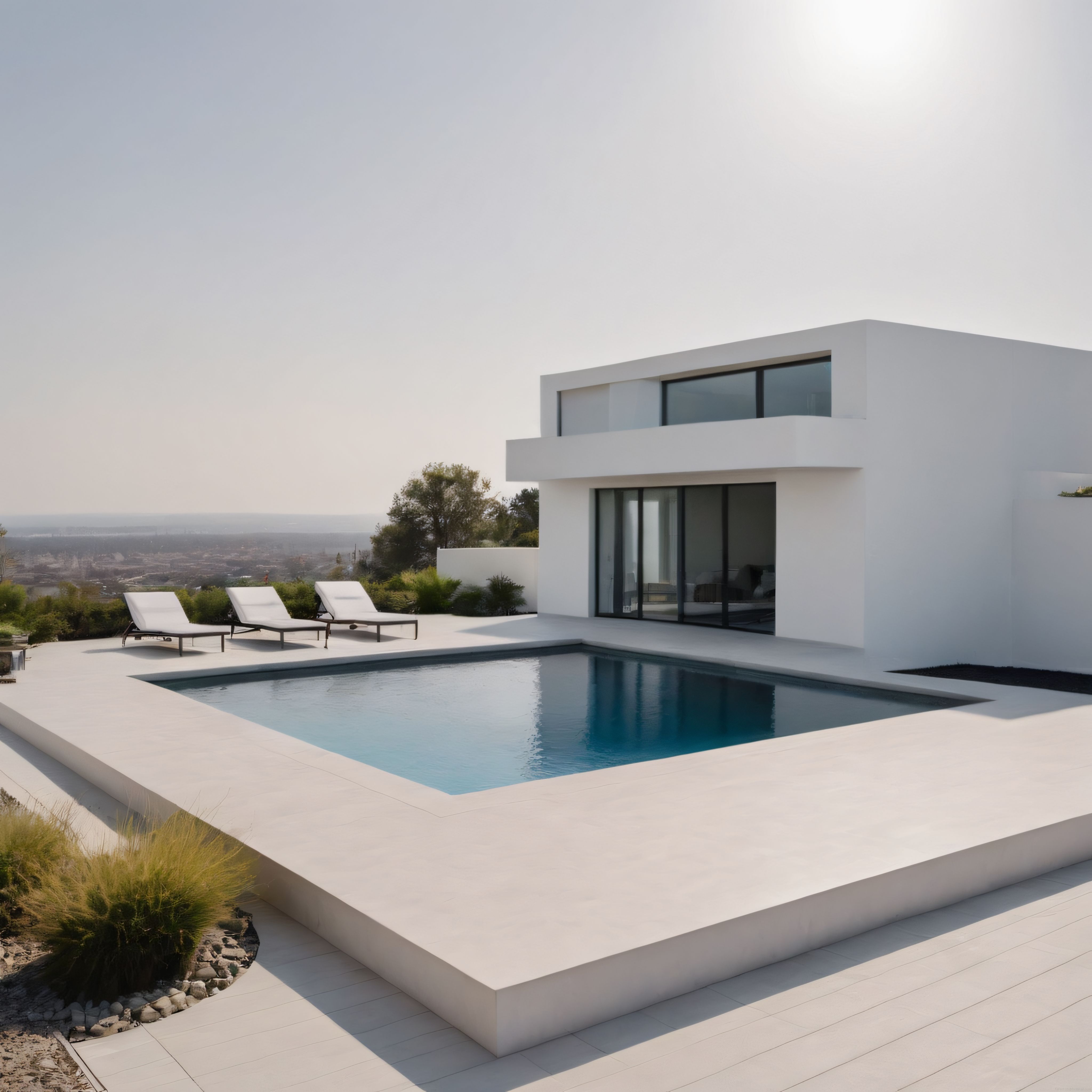 Modern Mimari ile Beyaz Villa, Sonsuzluk Havuzu ve Panoramik Şehir Manzarası
