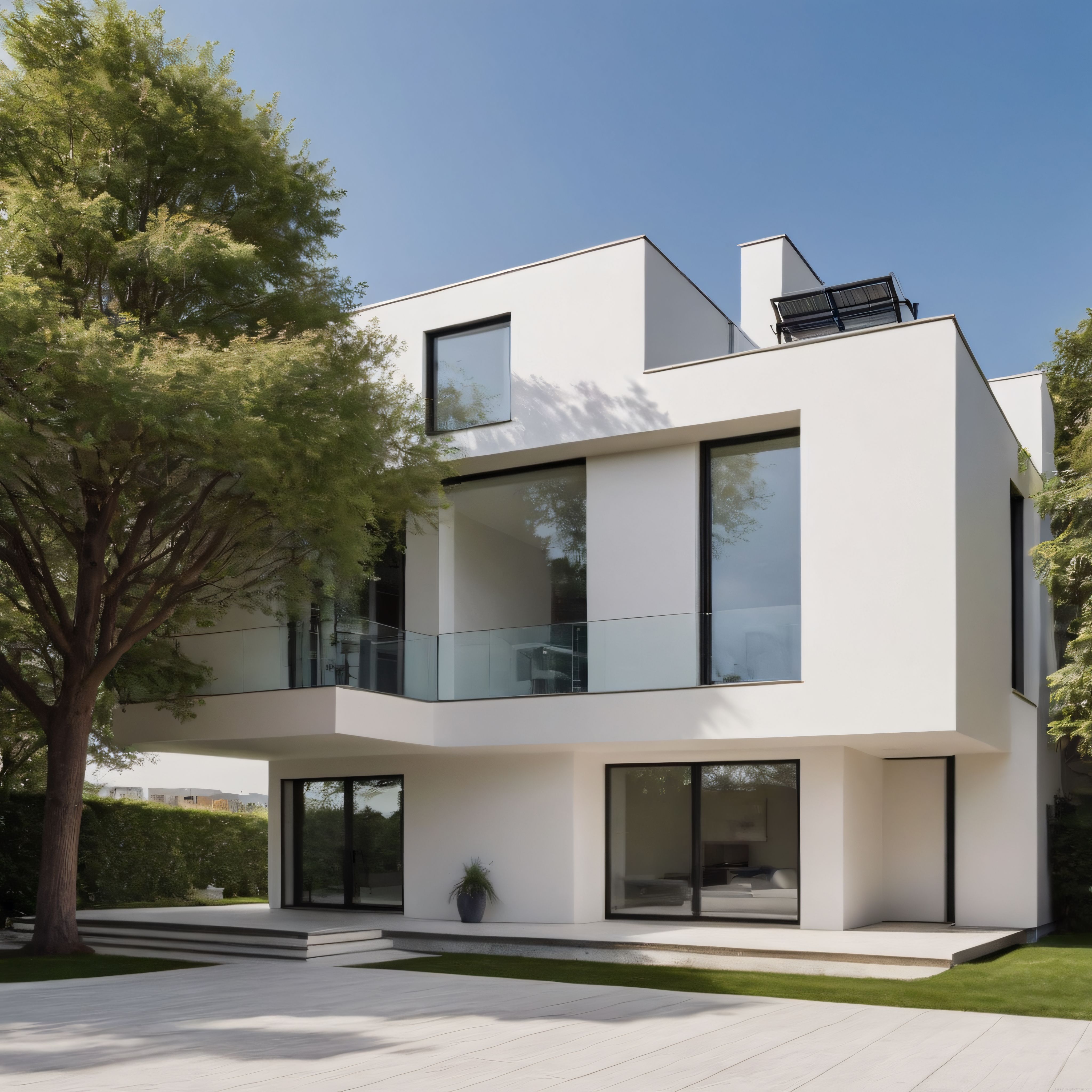 Modern mimari ile tasarlanmış beyaz renkli lüks villa ve düzenli bahçe manzarası