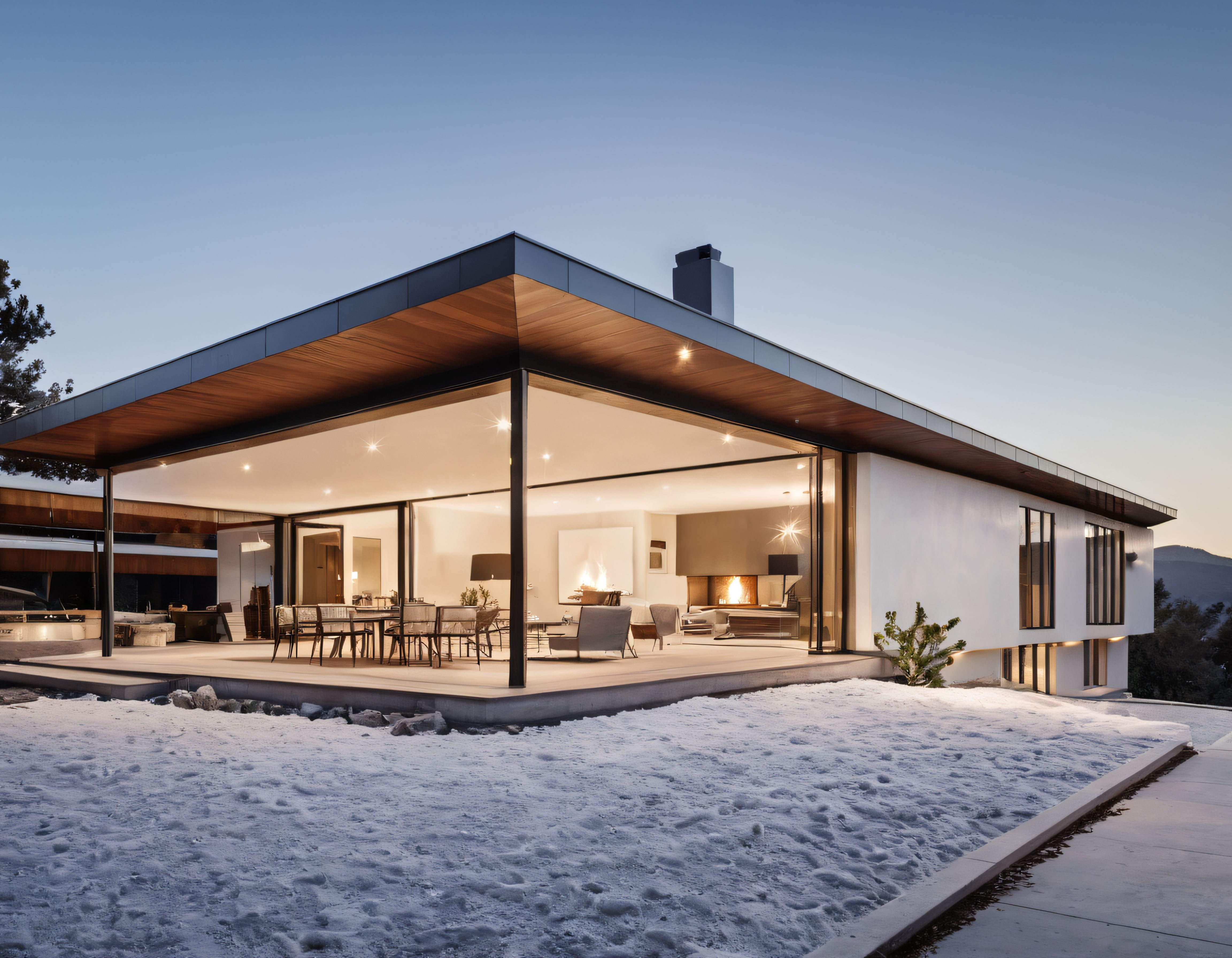 Modern Mimari ile Tasarlanmış Karlı Doğada Lüks Villa ve İç Mekan Görünümü