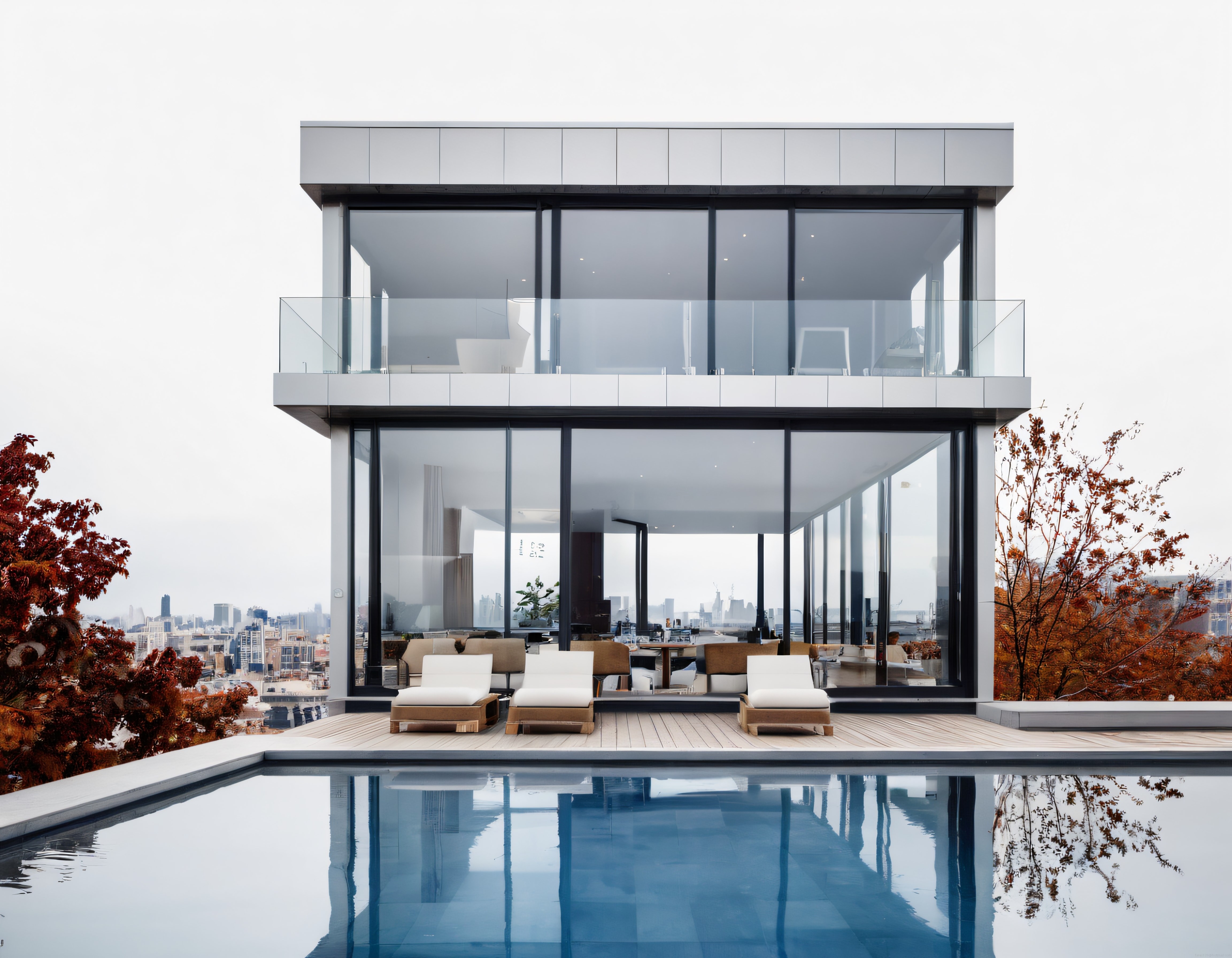 Modern mimari lüks cam cepheli villa, önünde yüzme havuzu ve sonbahar peyzajı