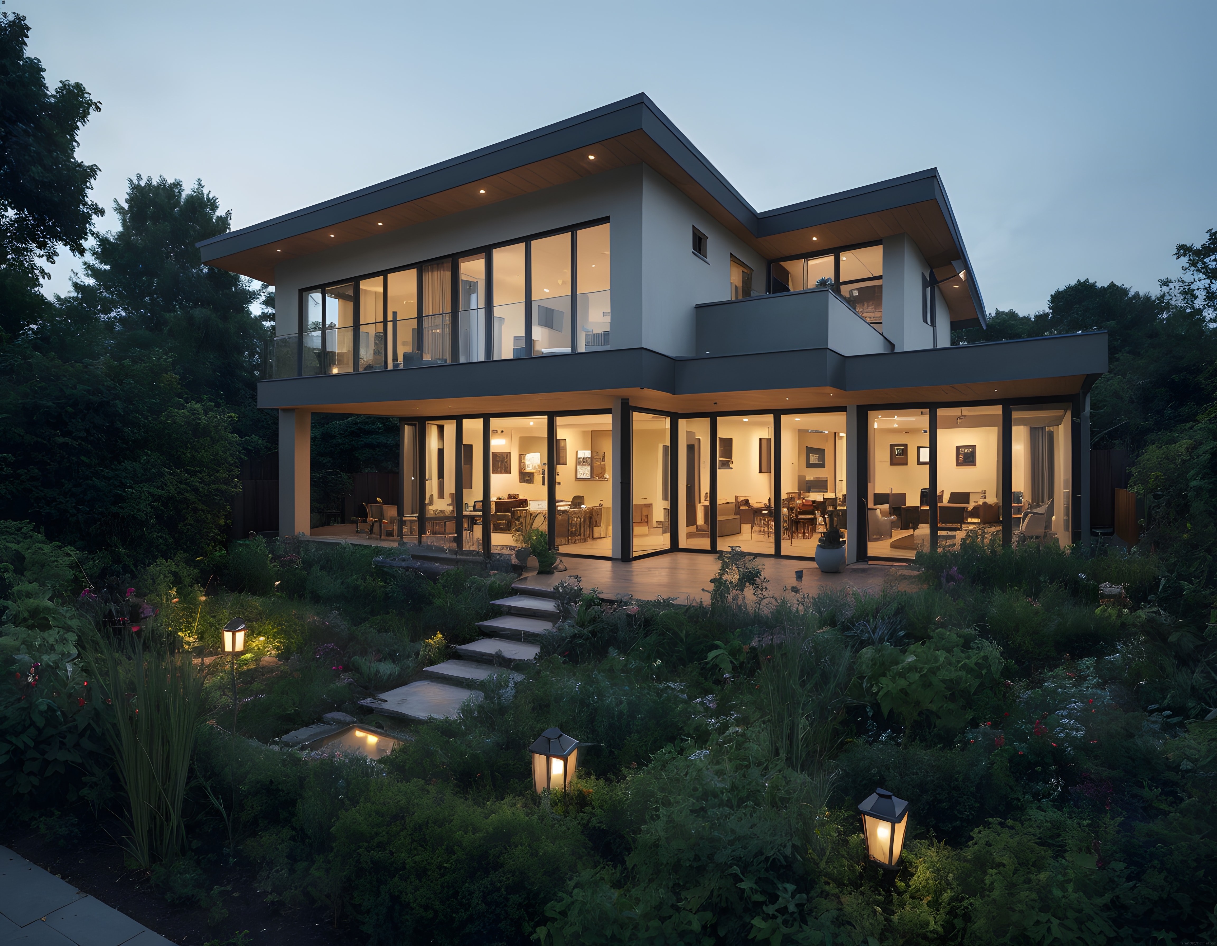 Modern Mimari Lüks Villa, Akşam Manzarasıyla Birleşen İç ve Dış Mekan