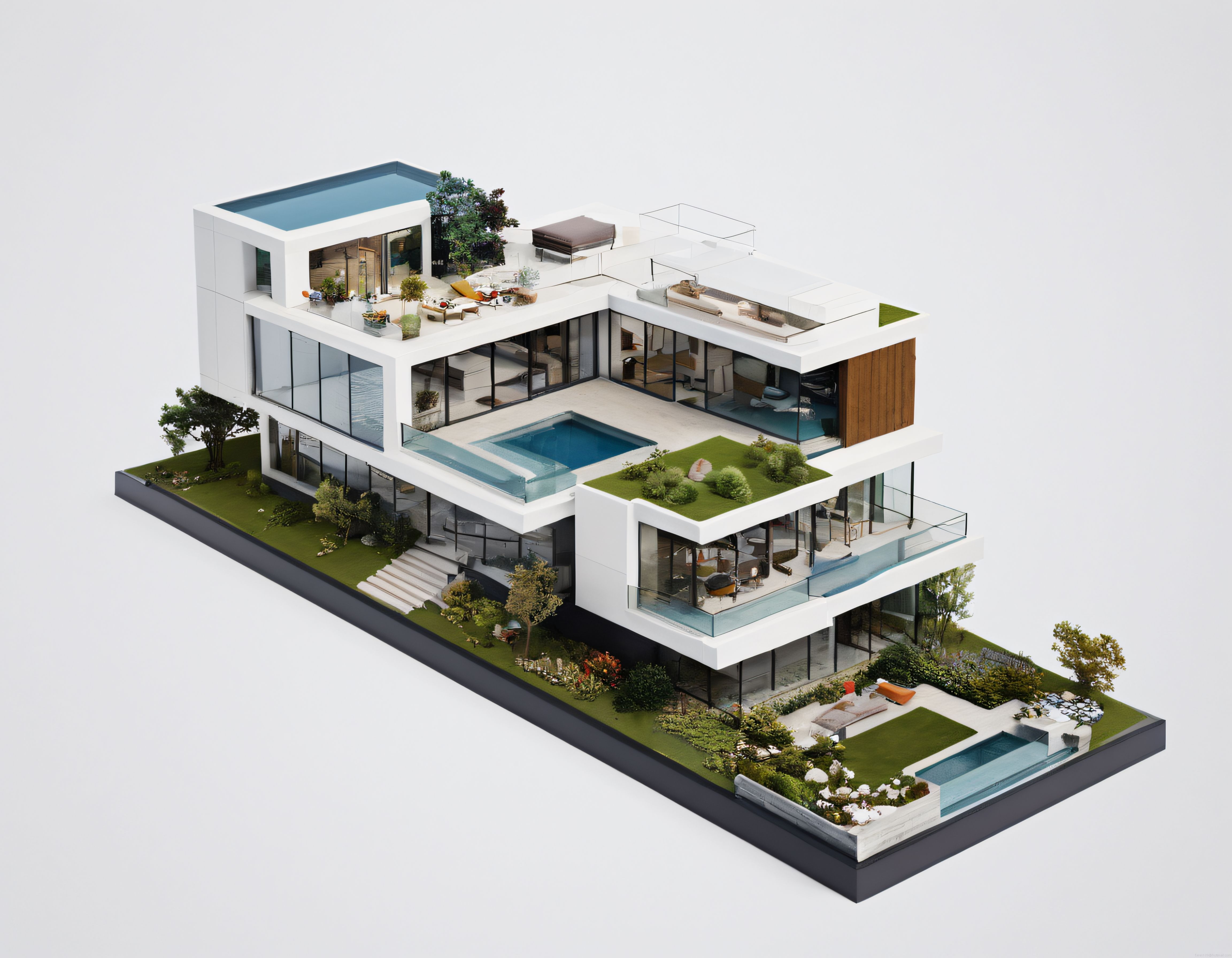 modern mimari lüks villa maketi bahçe havuzlu teraslı 3d proje render sunum