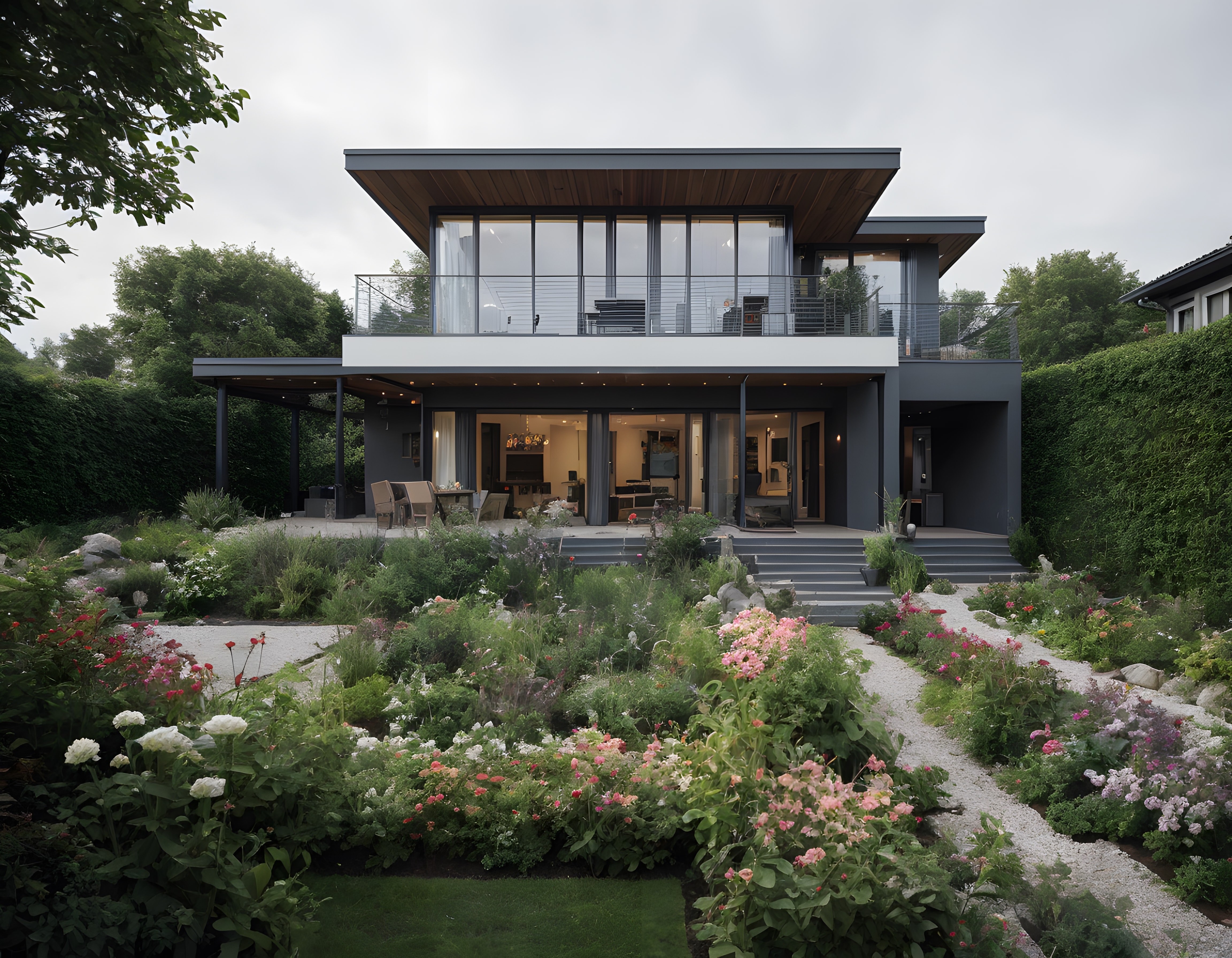 Modern Mimari Lüks Villa ve Çiçeklerle Süslenmiş Doğal Peyzaj Bahçesi