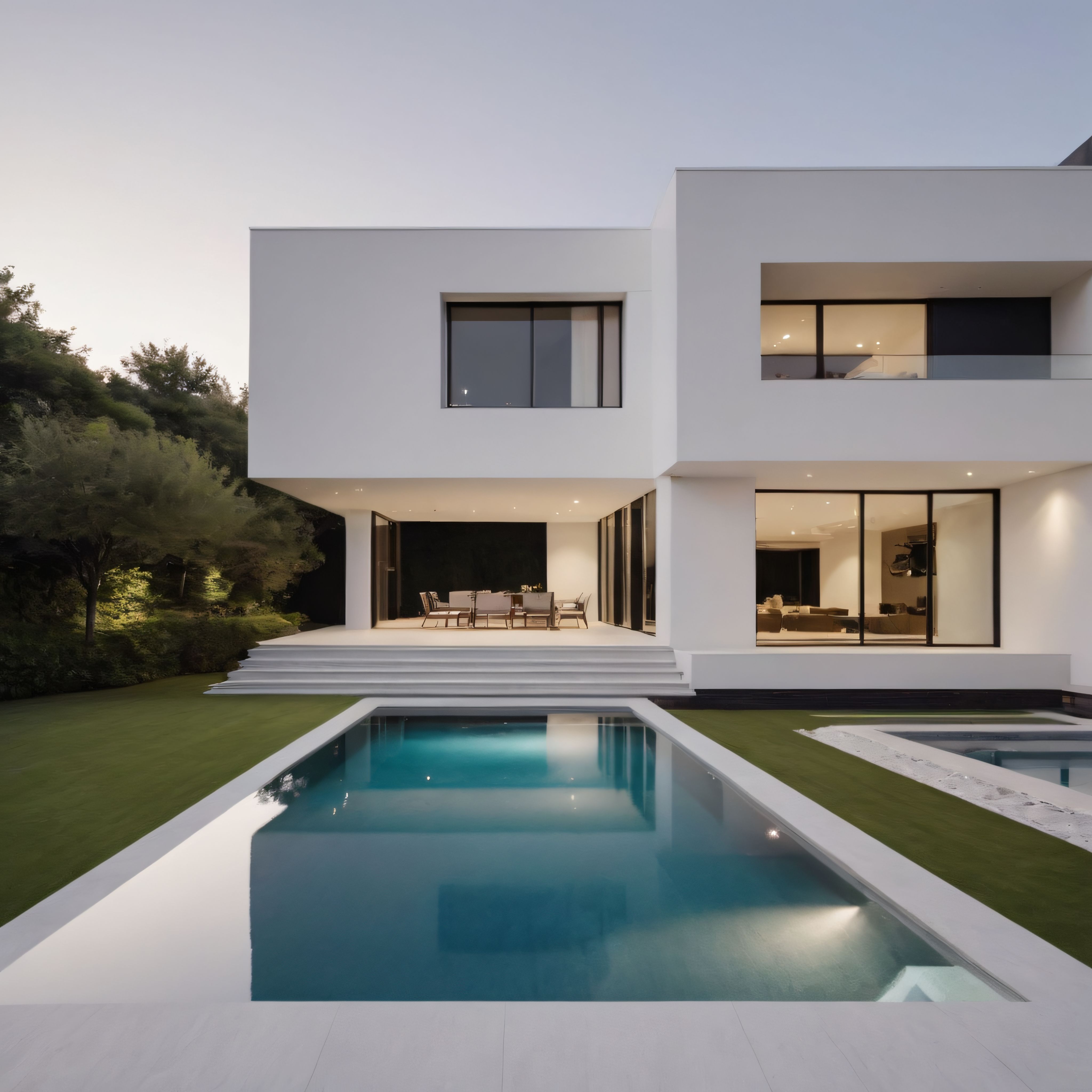 modern mimari lüks villa yüzme havuzu ve akşam ışığında minimalist konut