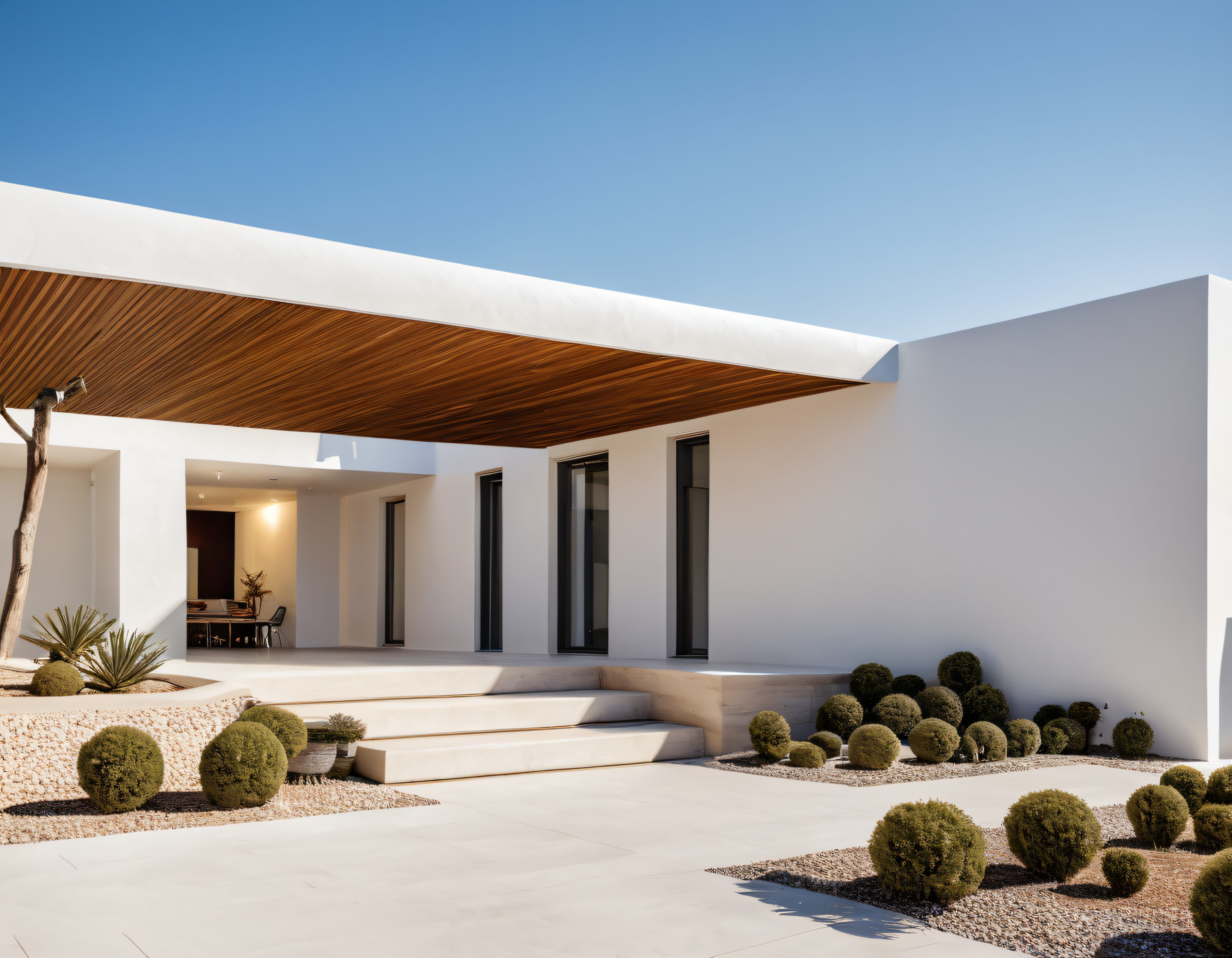 Modern Mimari Örneği: Beyaz Villa, Ahşap Tavan ve Minimalist Peyzaj