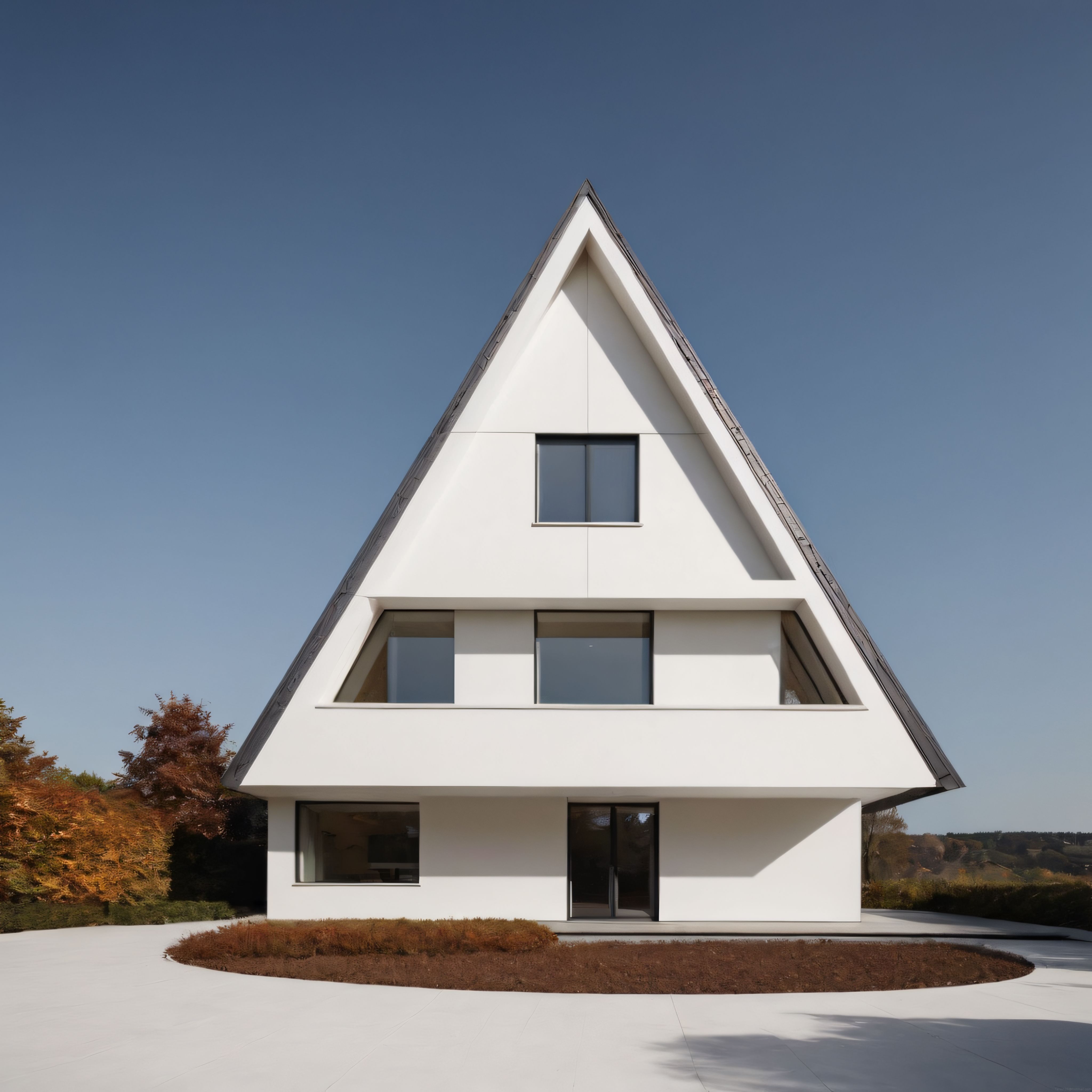 Modern Mimari Örneği: Üçgen Çatılı Beyaz A-Frame Ev ve Peyzaj