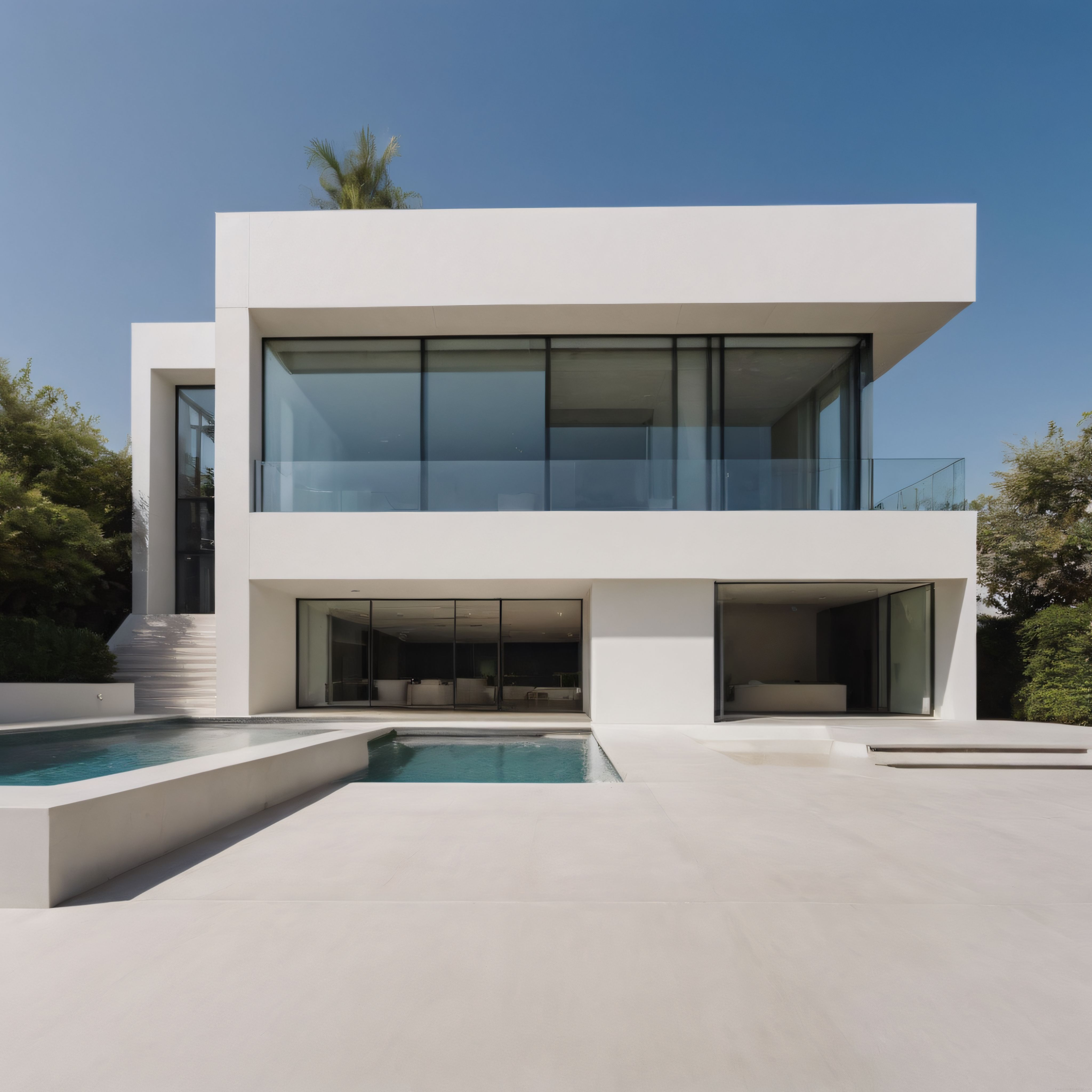 Modern Mimari Şaheser: Cam Cepheli Beyaz Villa ve Havuz Manzarası